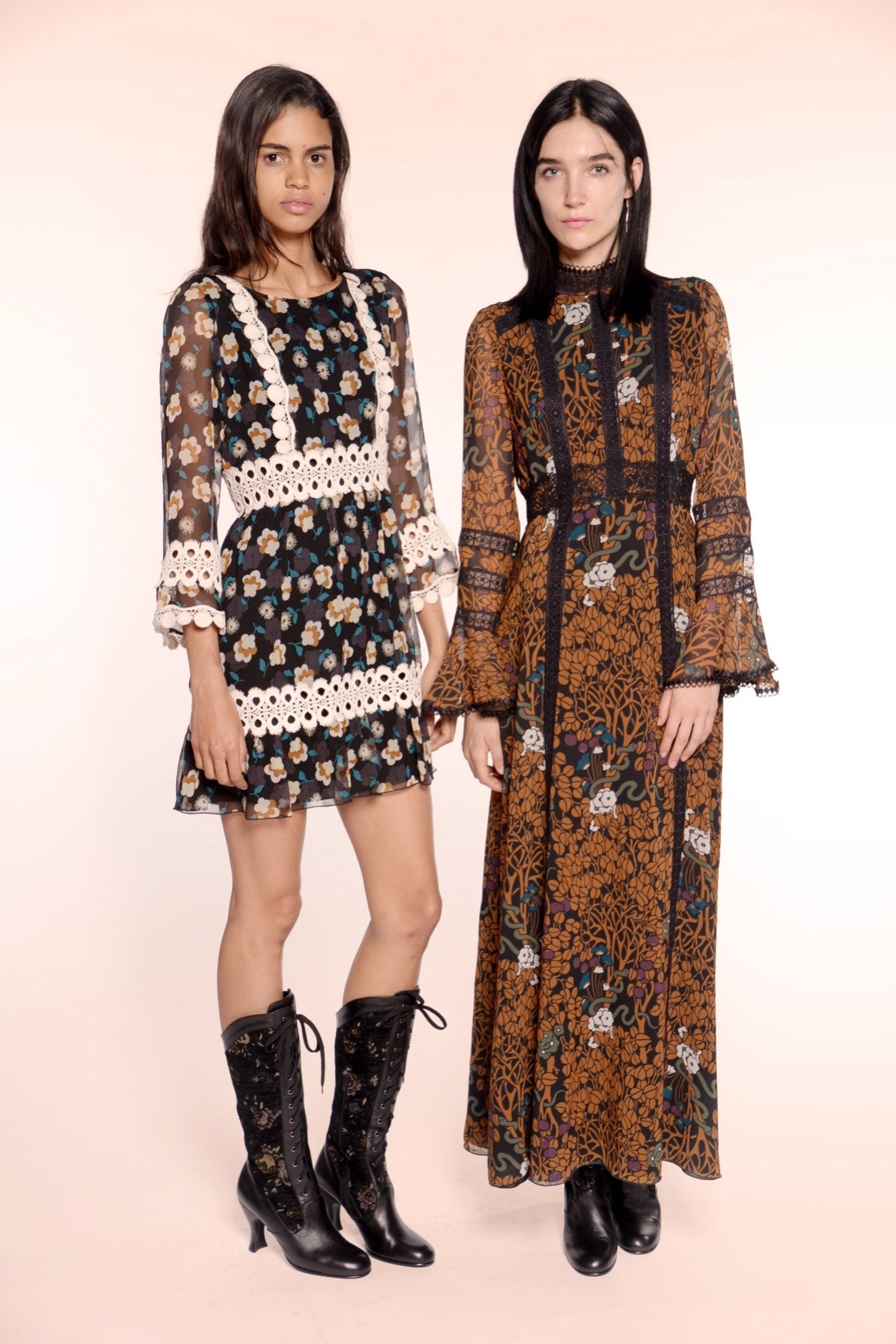brown silk long-sleeve high-neck fitted flared embroidered maxi-dress