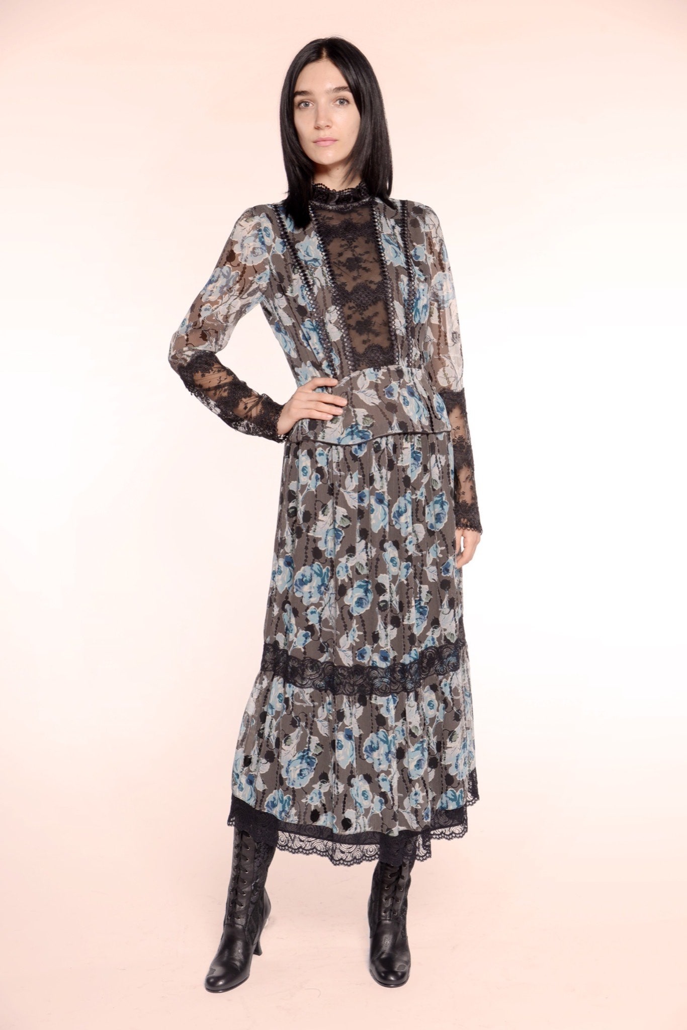 black lace floral midi dress
