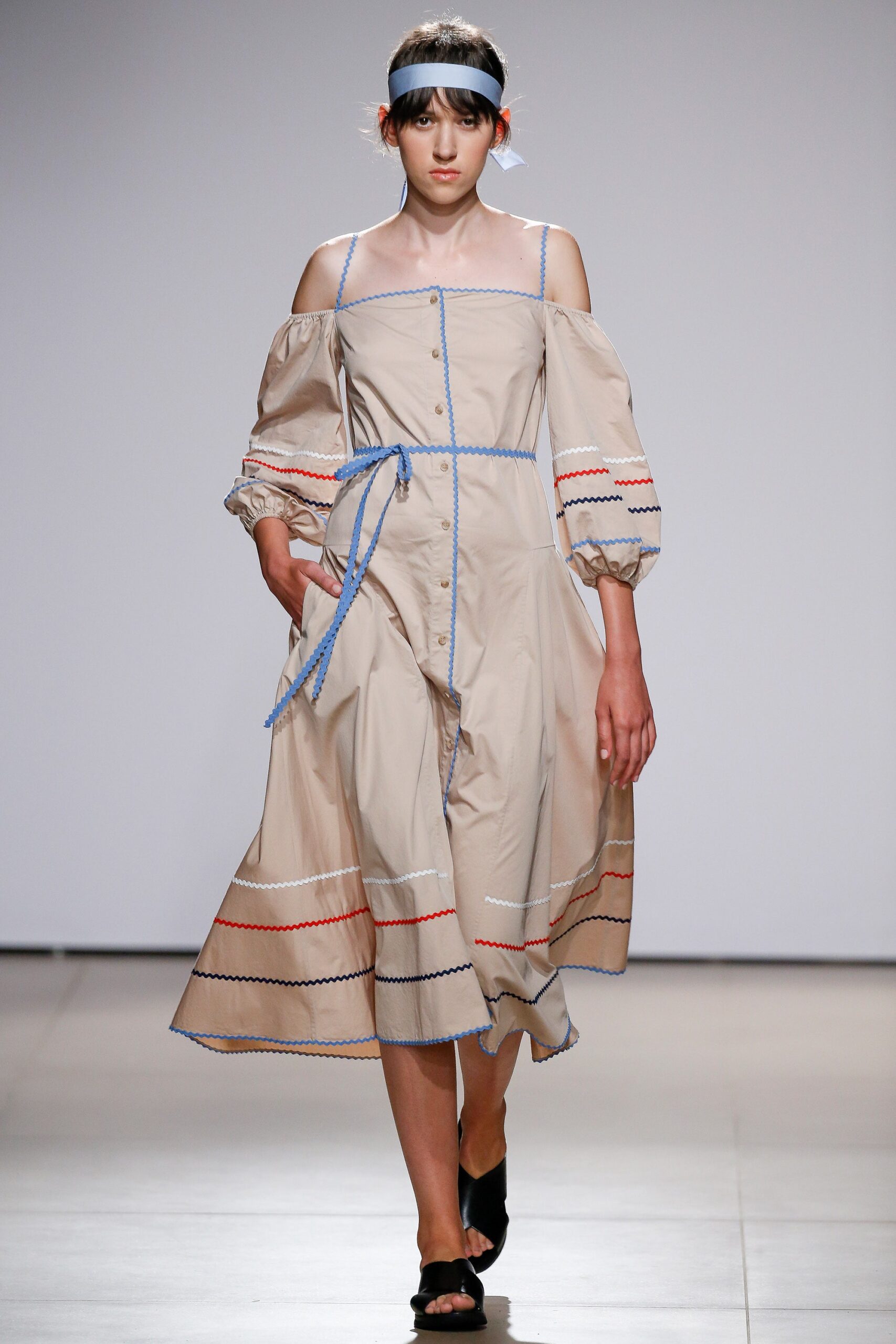 beige cotton off-shoulder dress