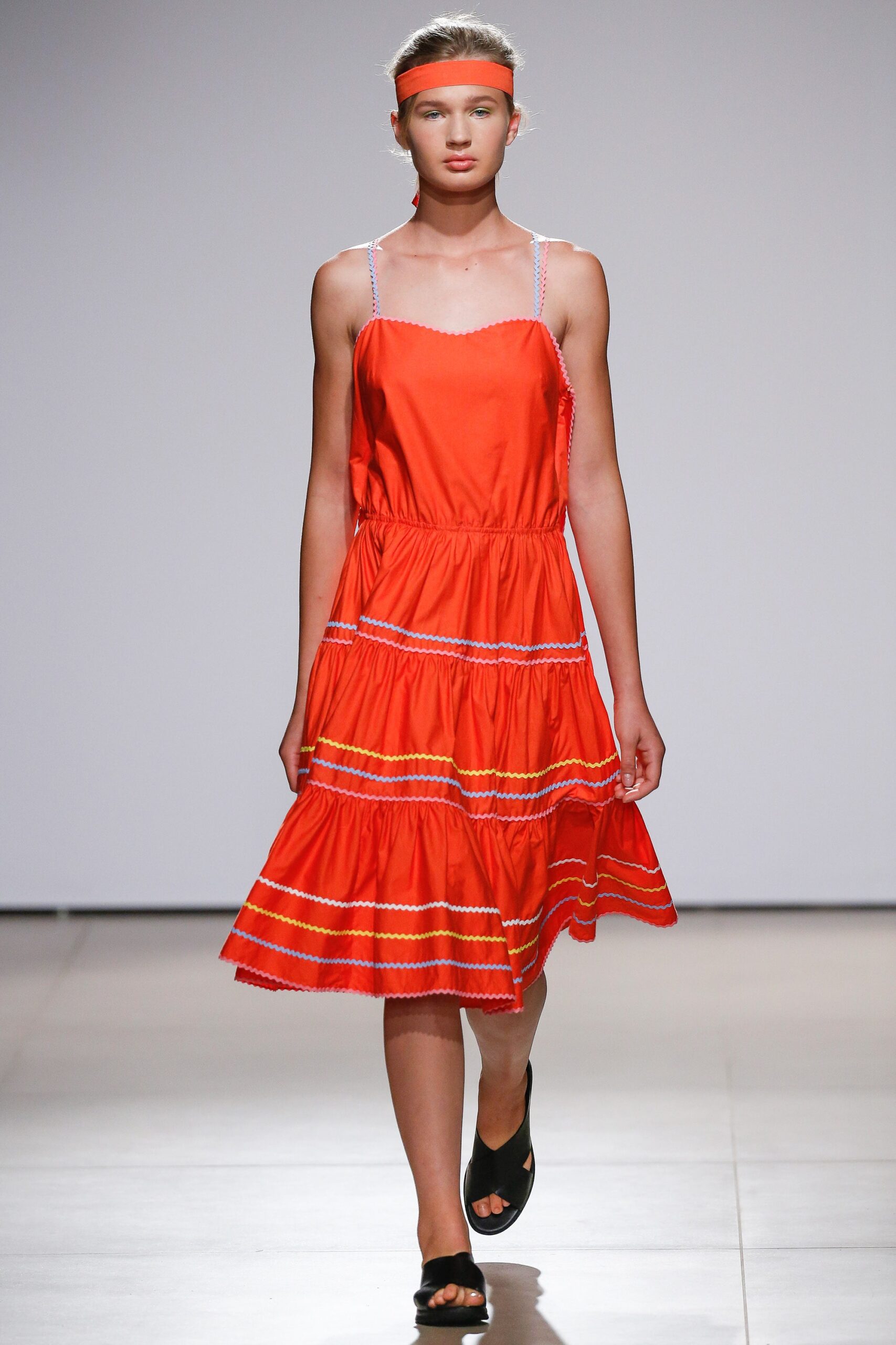 orange tiered sleeveless dress