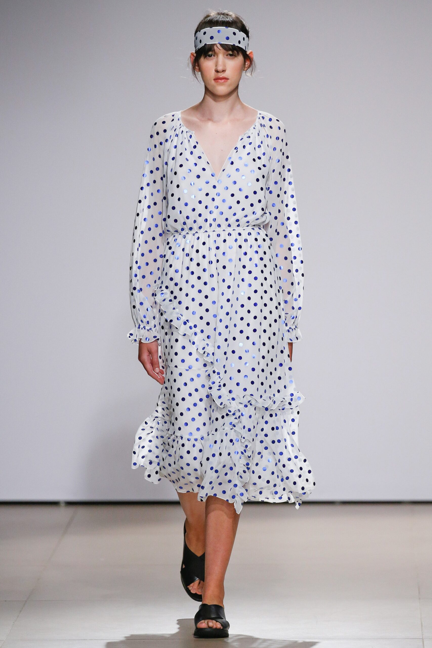 white and blue polka-dot dress