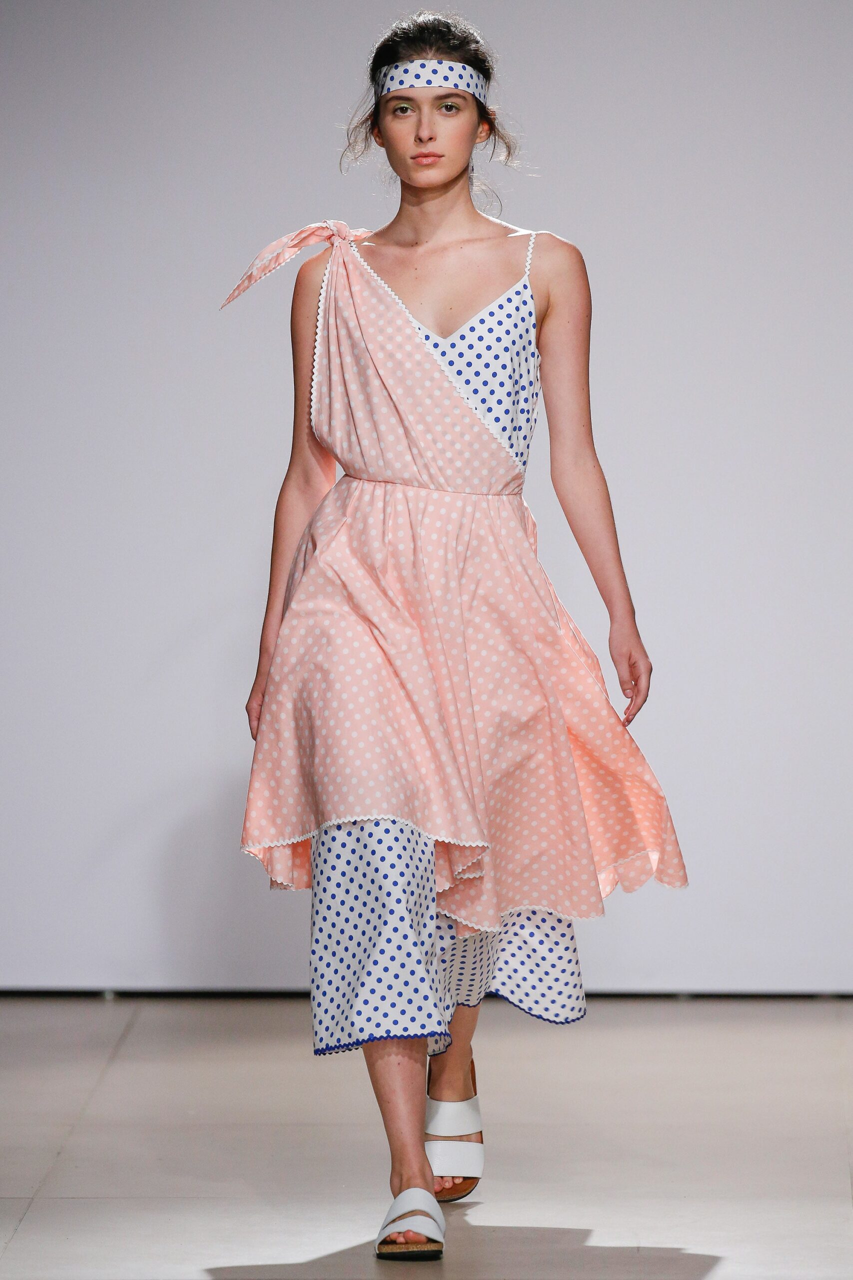 pink and blue polka-dot midi dress