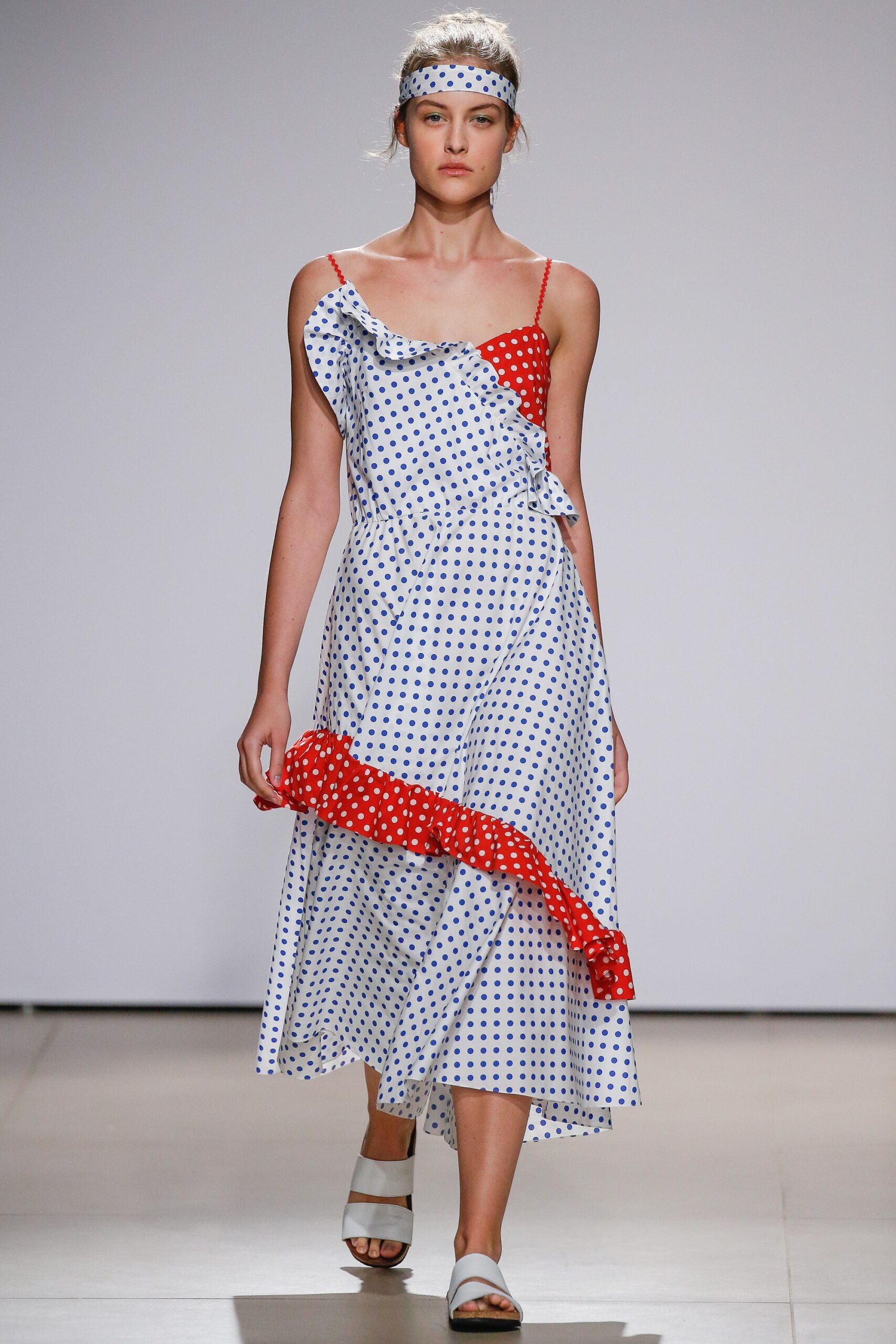 white blue red polka dot dress