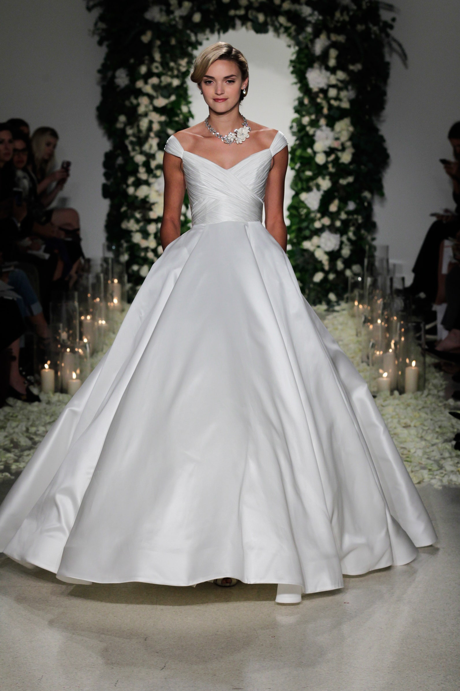 white silk off-shoulder gown