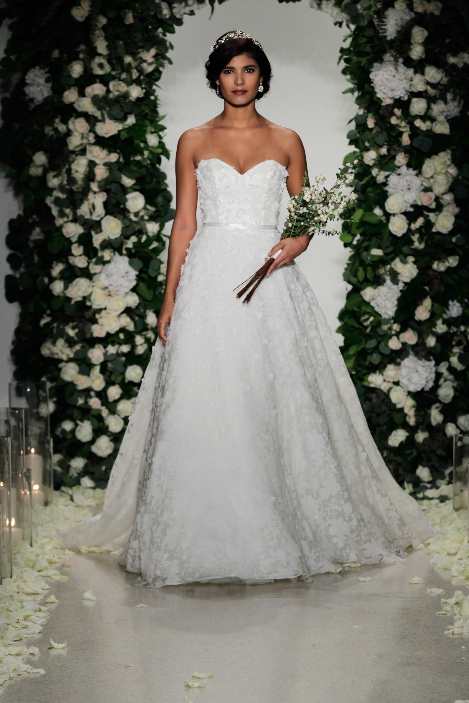 white lace strapless gown
