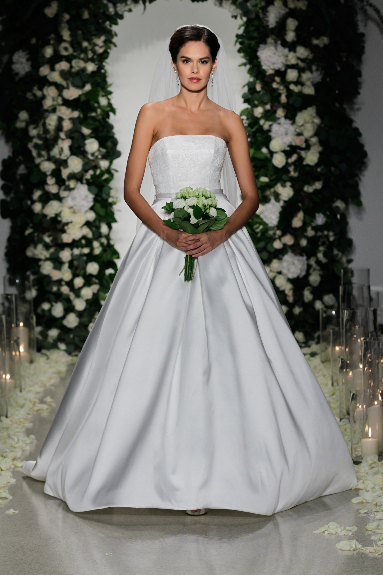 white silk strapless gown