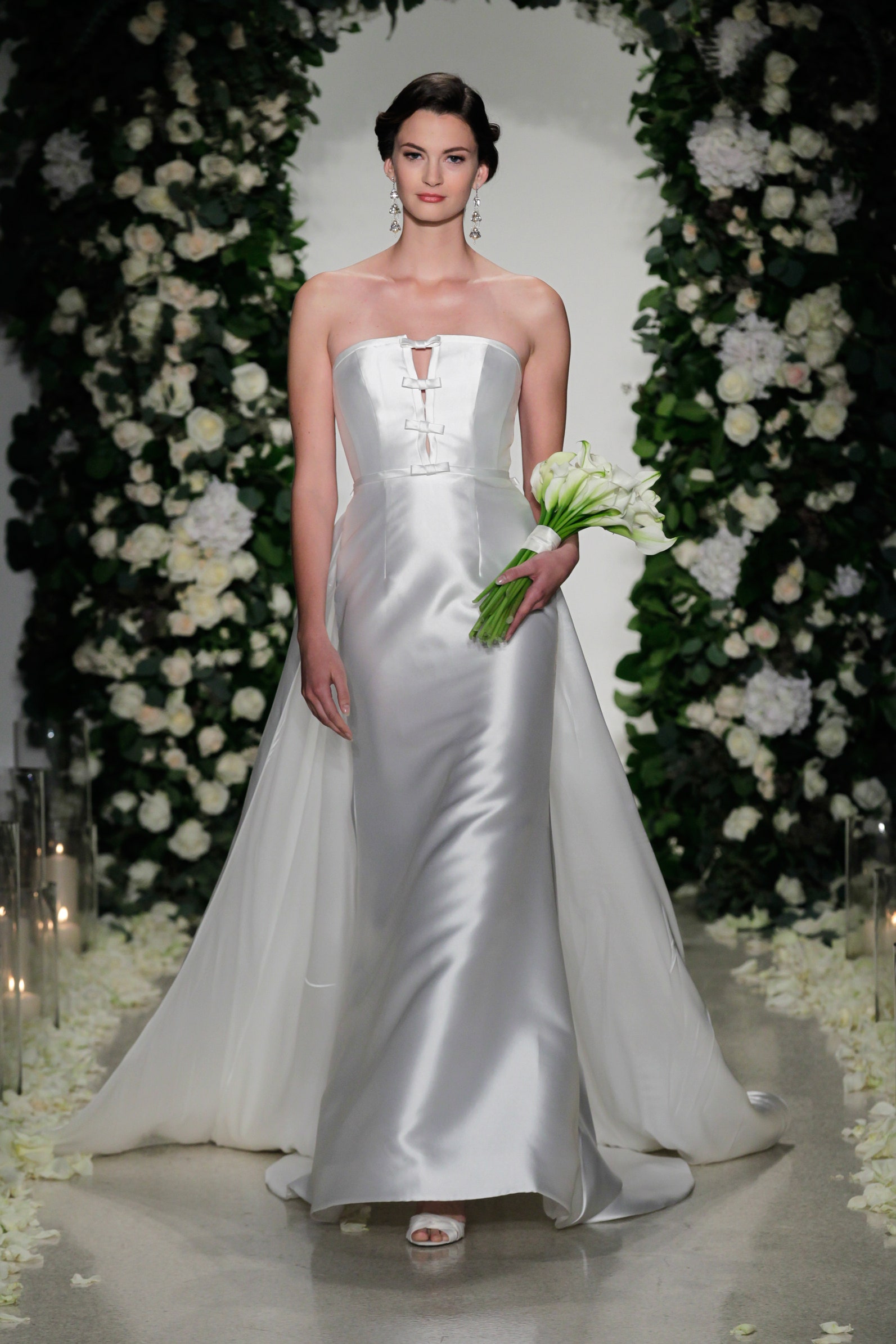 white silk strapless gown