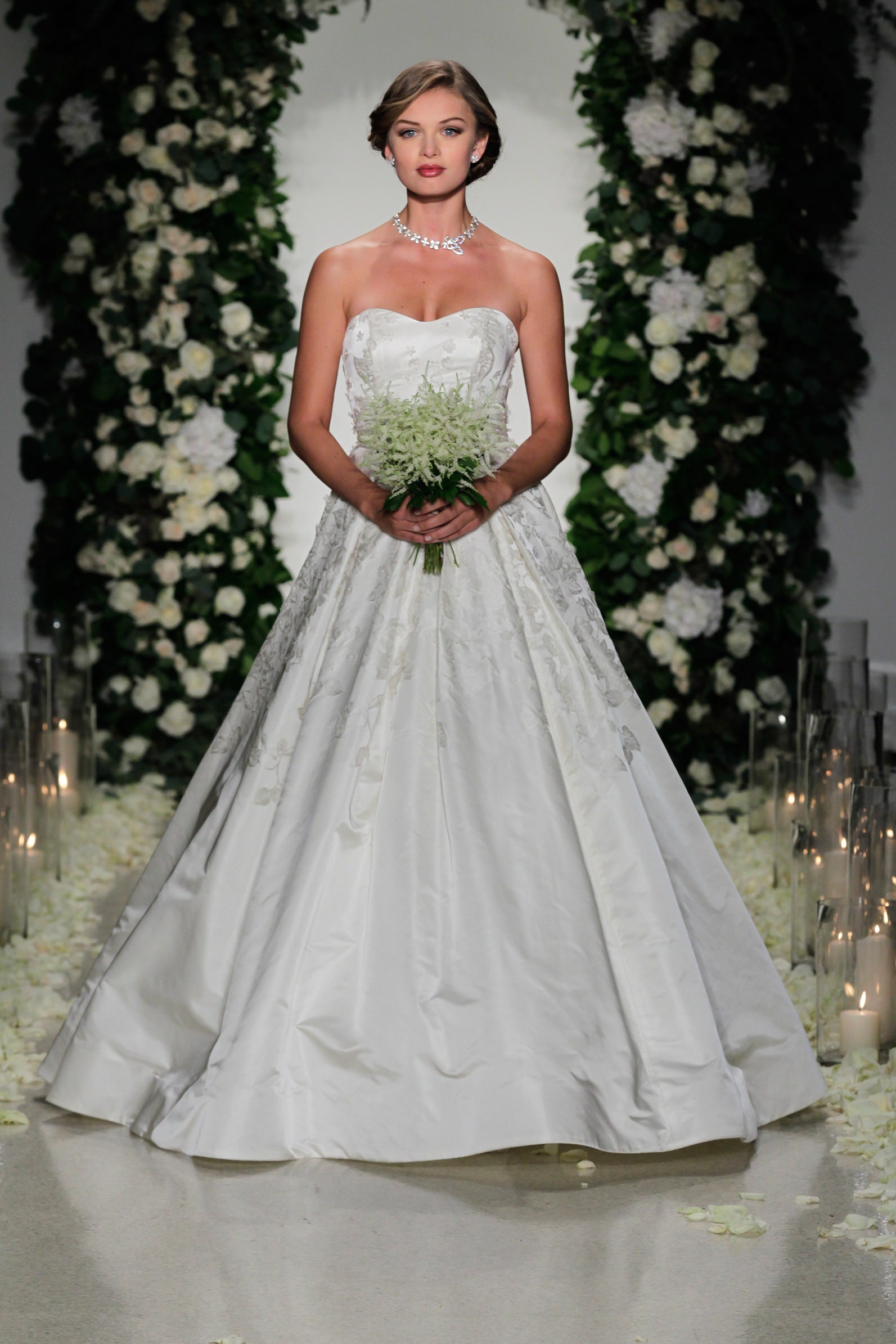 white silk strapless gown