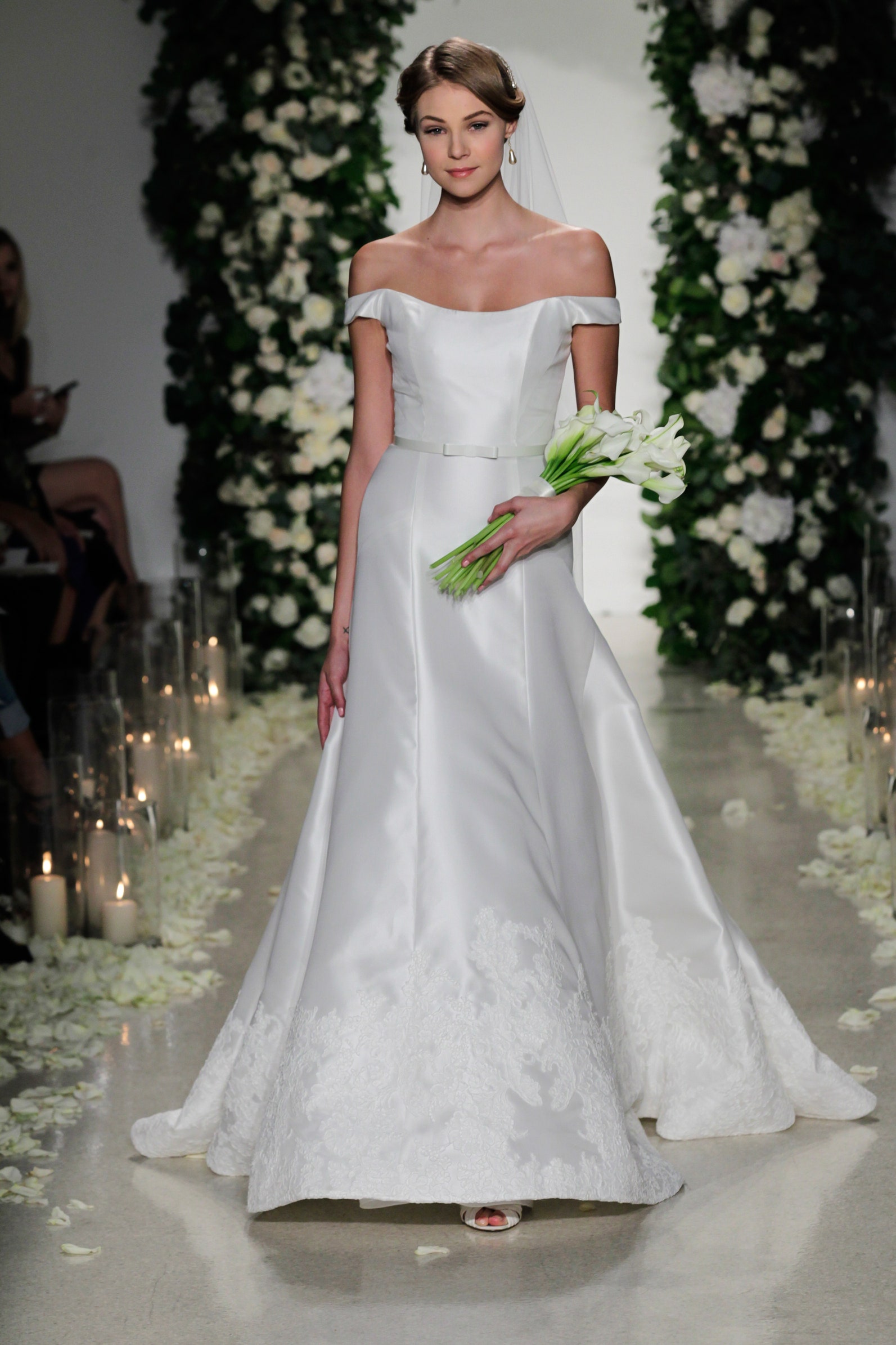 white silk off-shoulder gown
