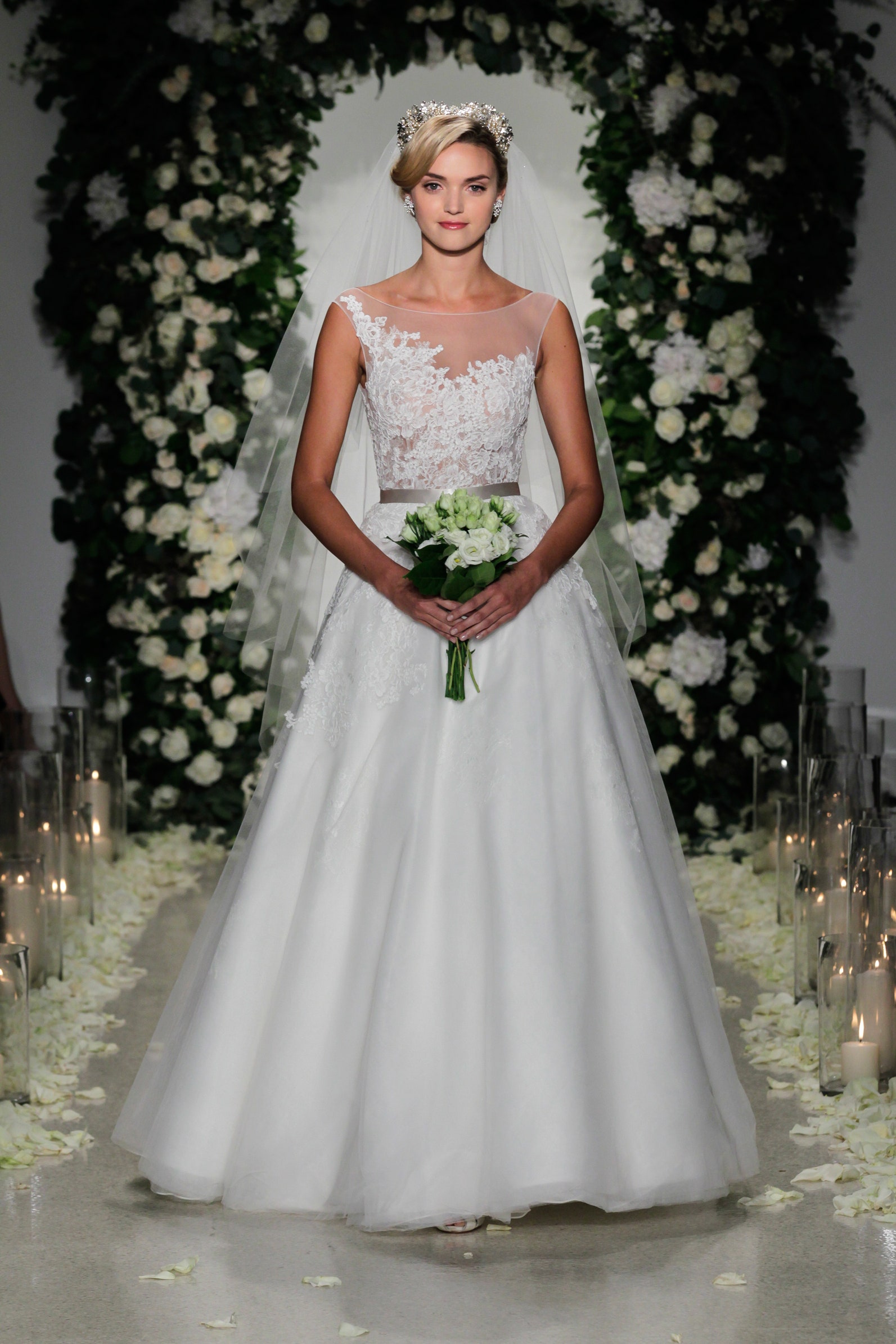 white silk embroidered gown