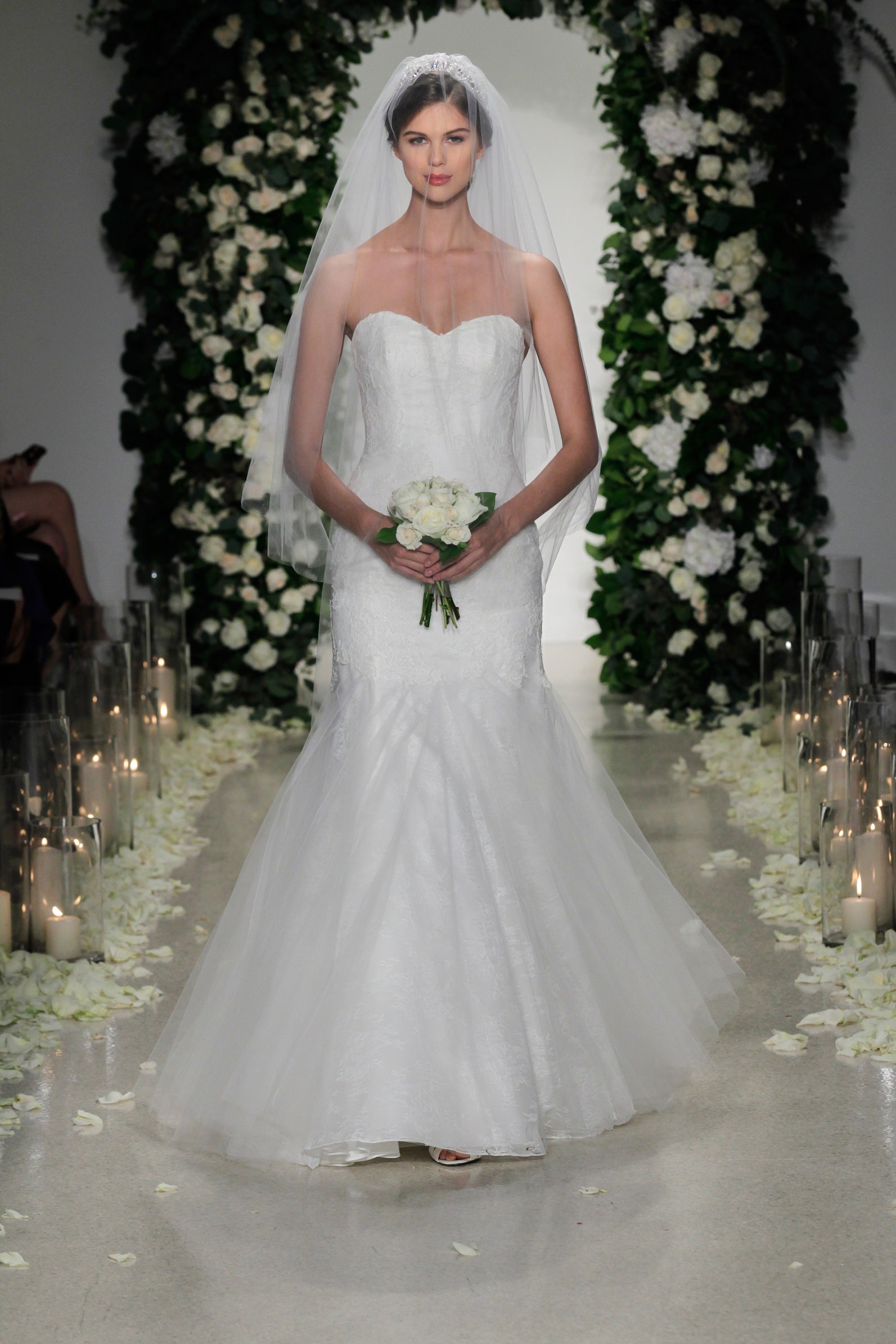 white strapless lace gown
