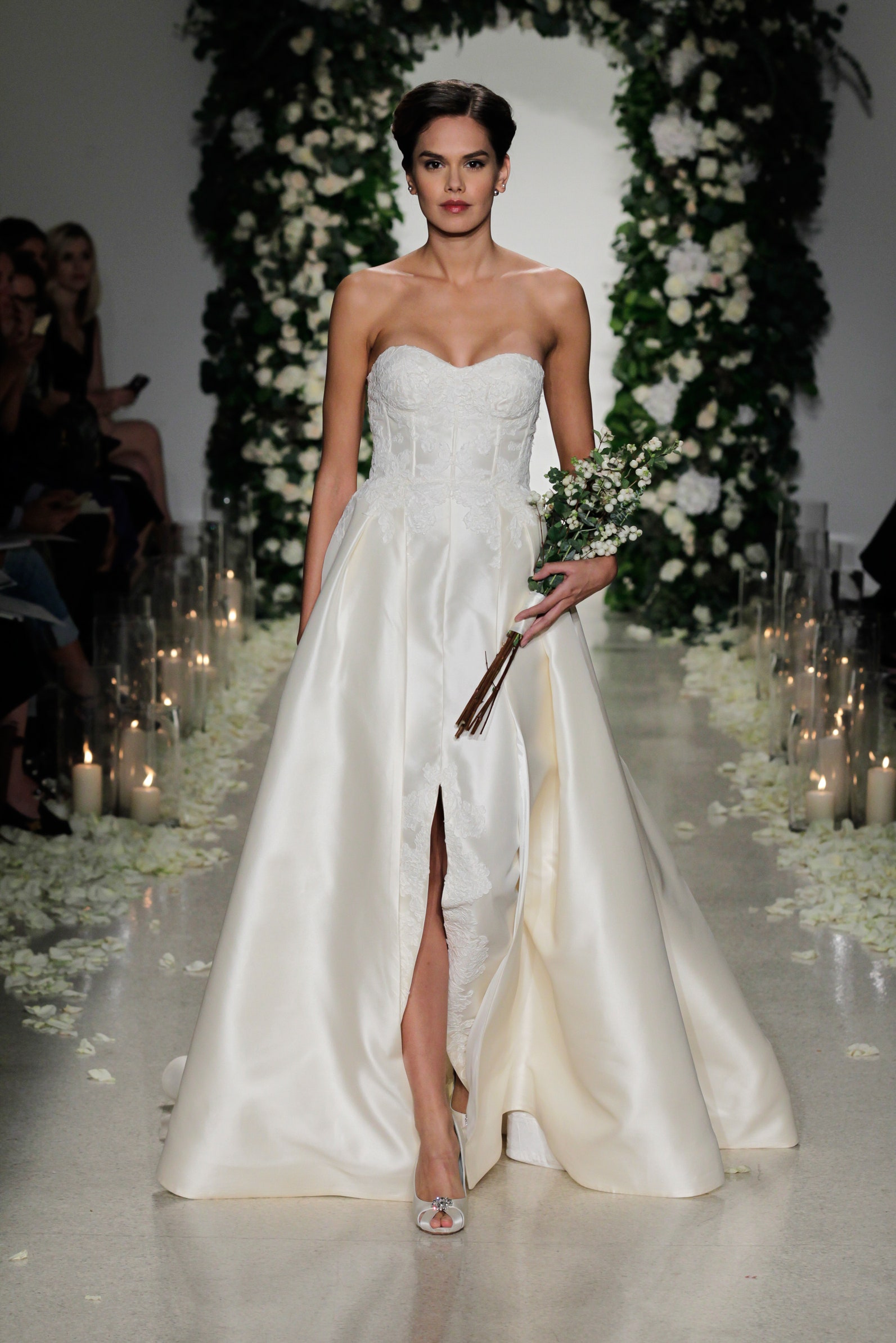 white silk strapless gown