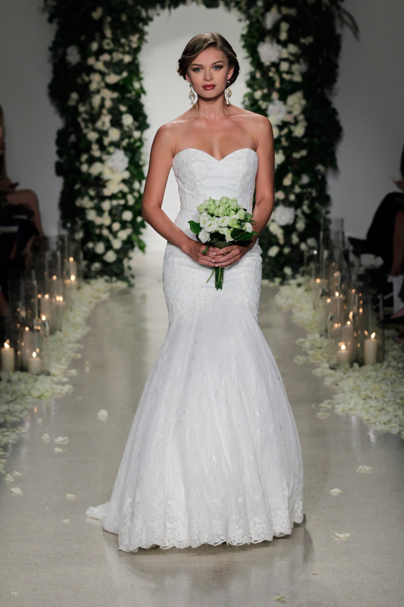 white lace strapless gown