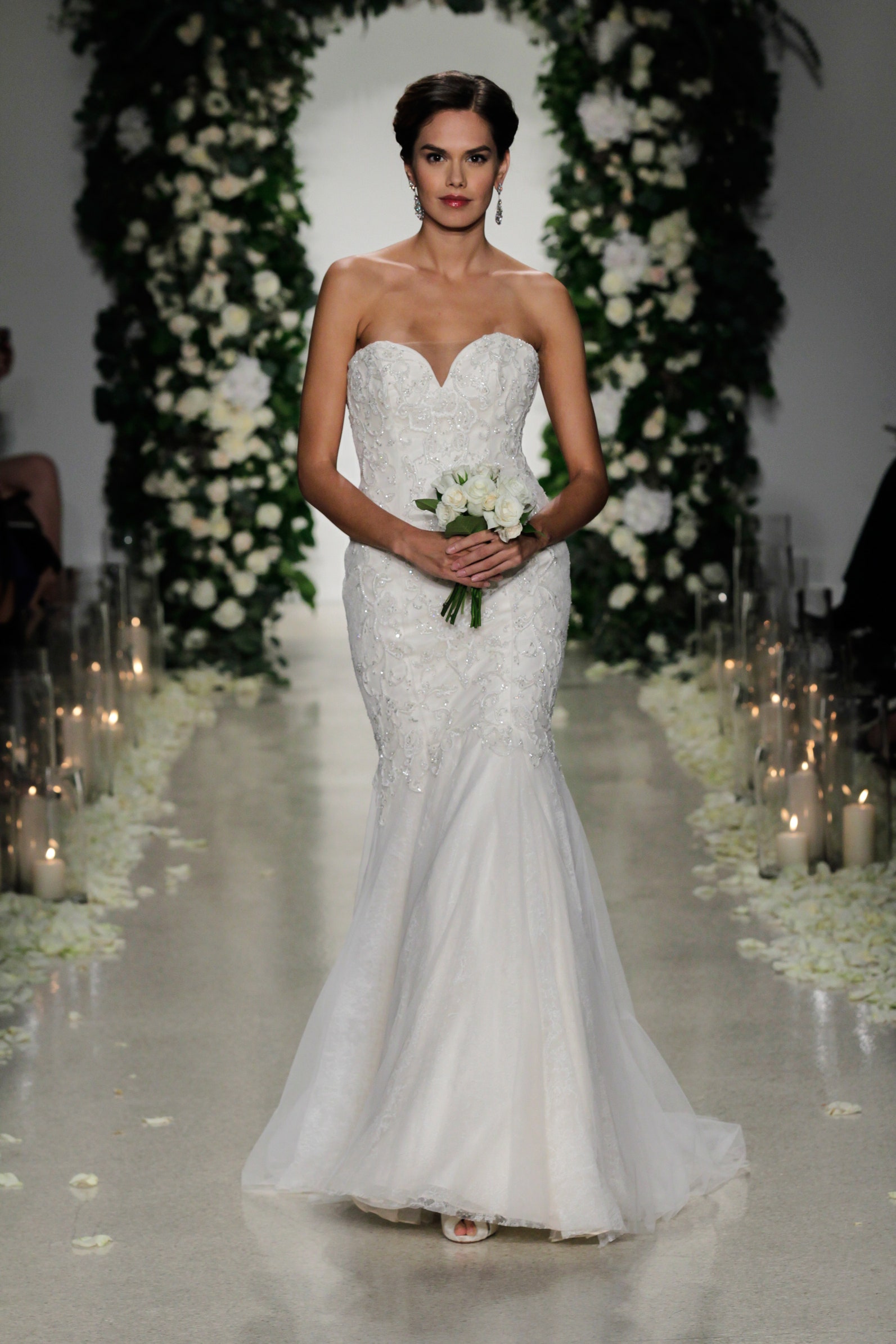 white silk strapless gown