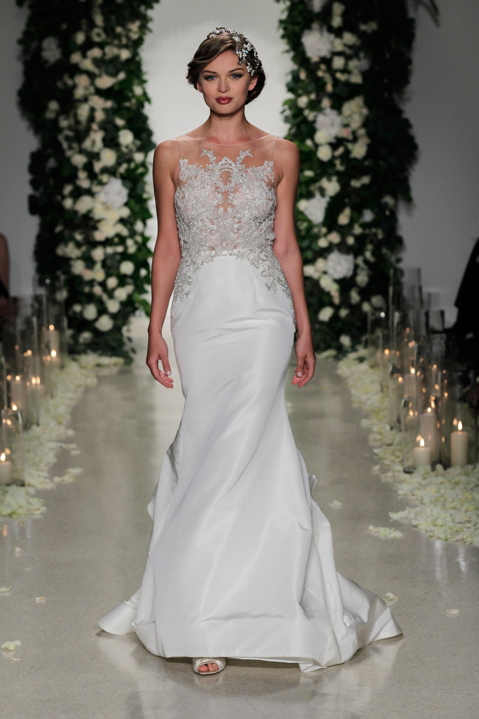 white silk embroidered gown