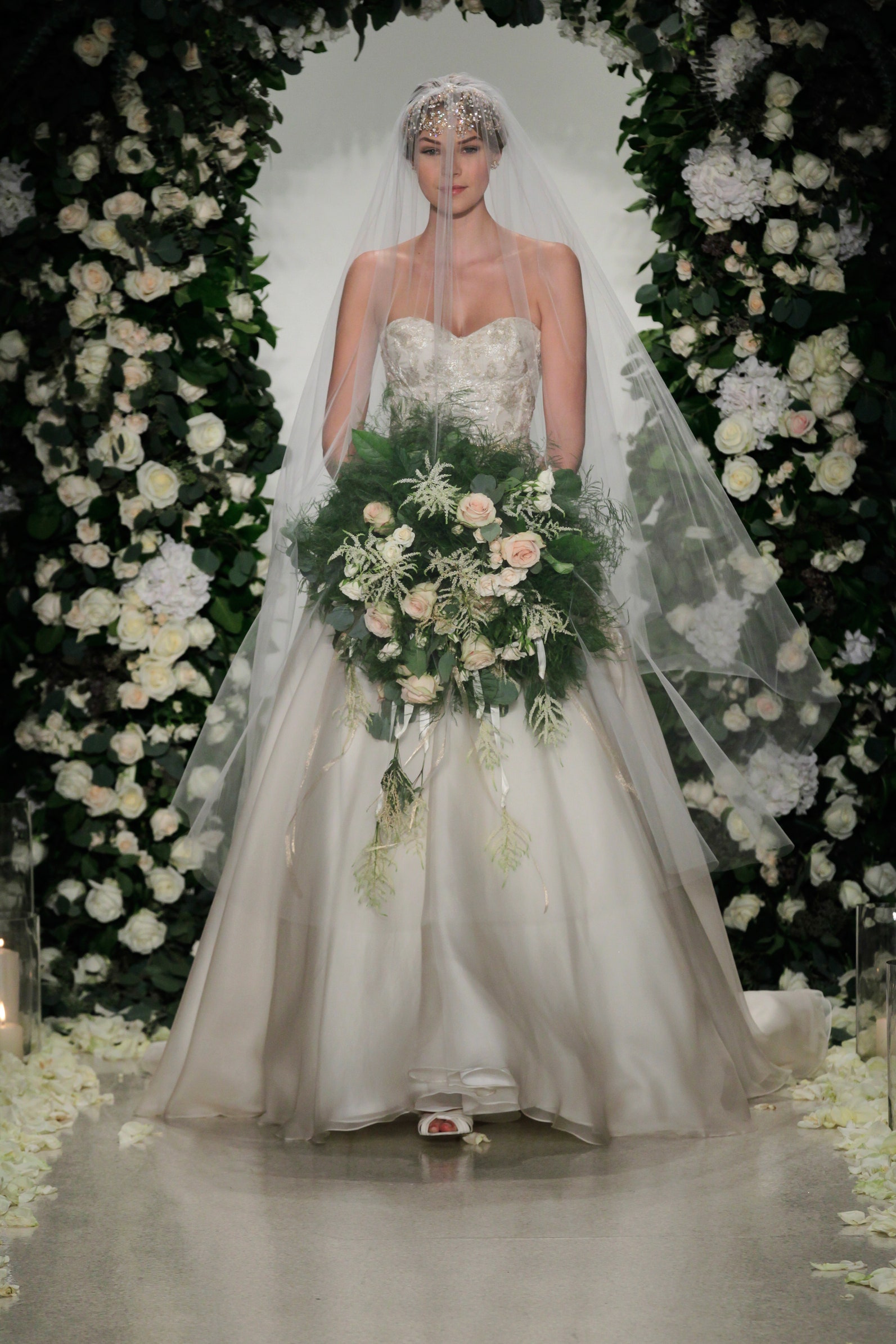 white silk strapless gown with veil