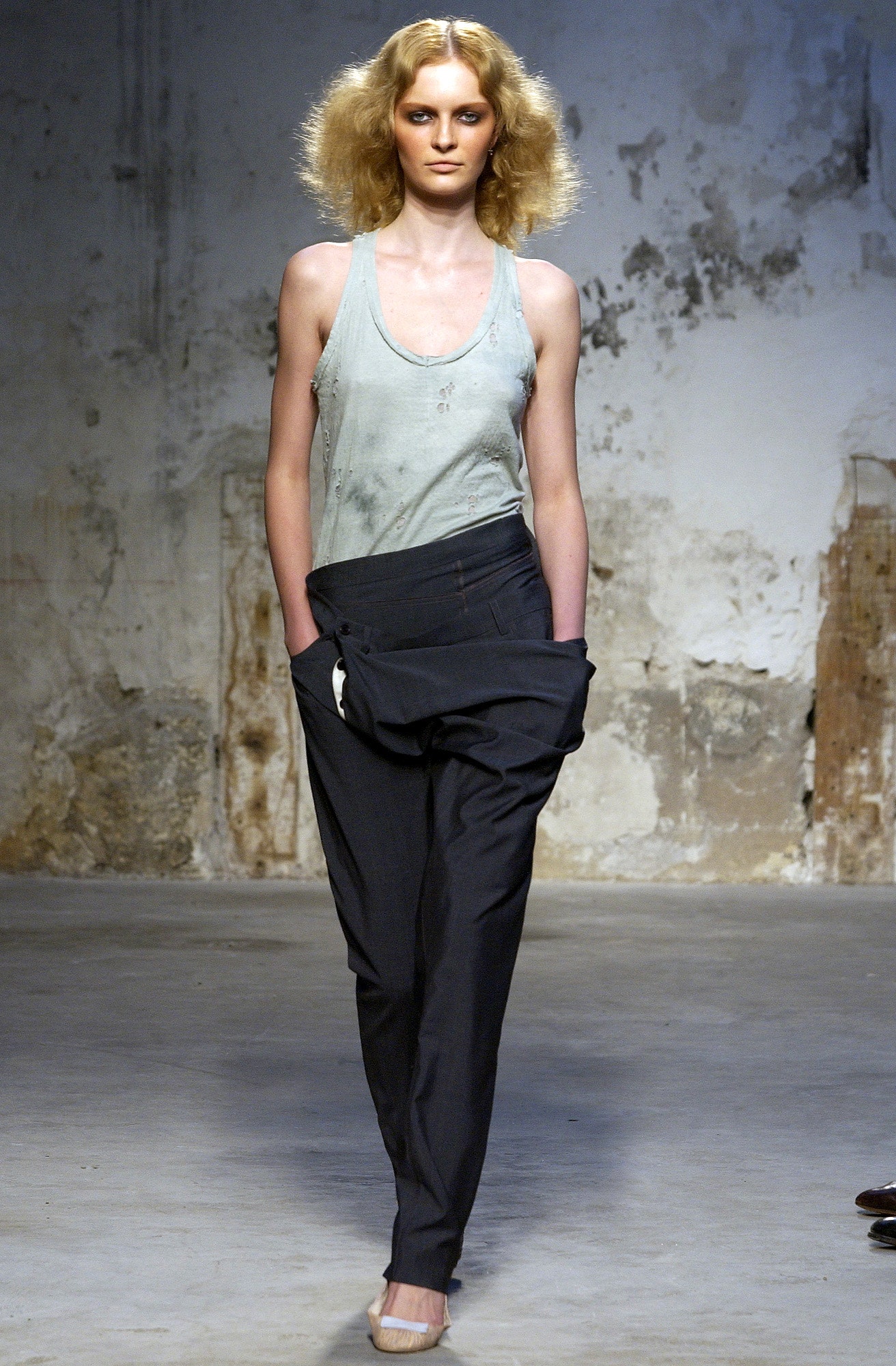blue fitted tank-top with relaxed pants