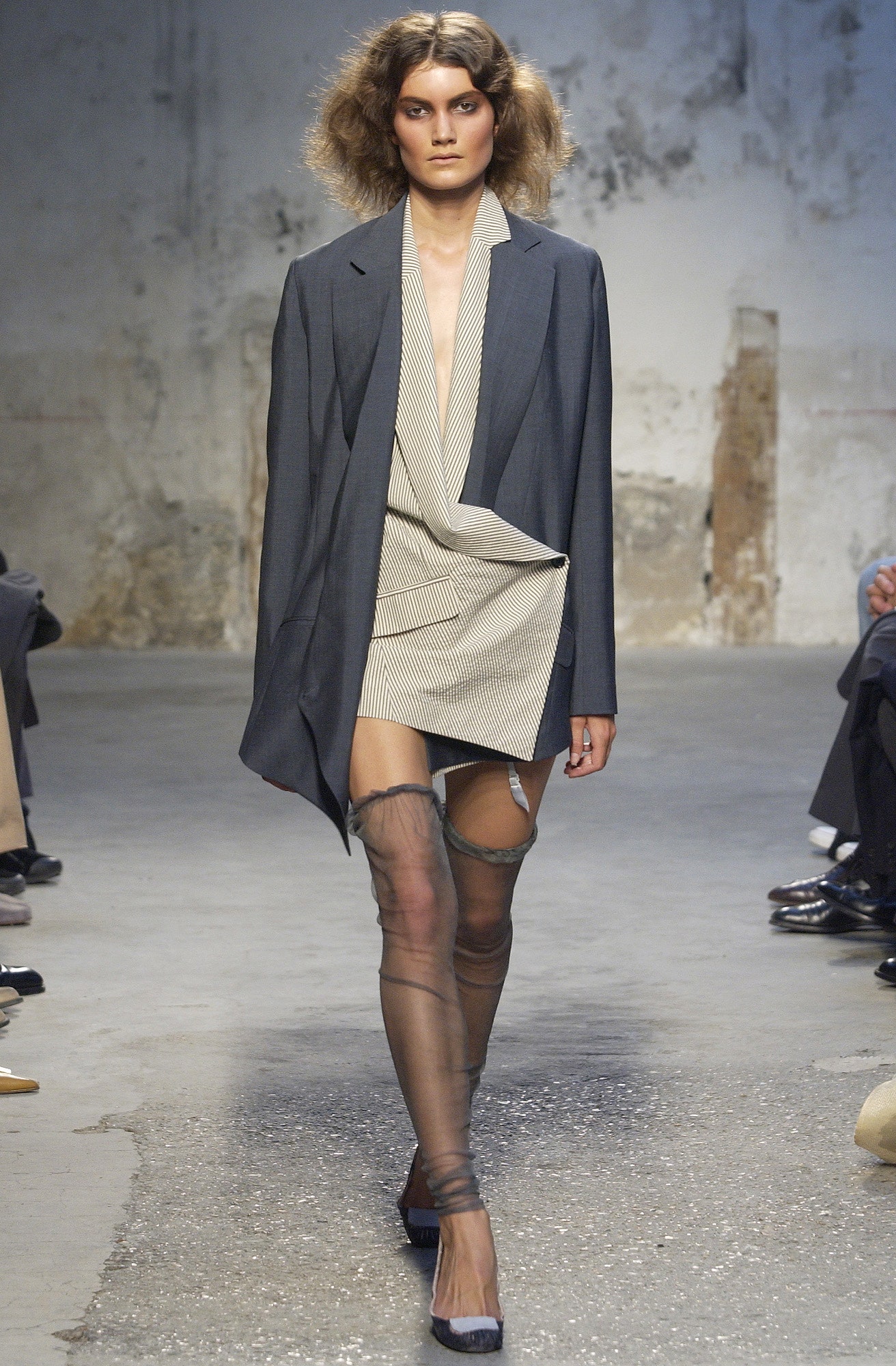 gray blazer beige dress with stockings