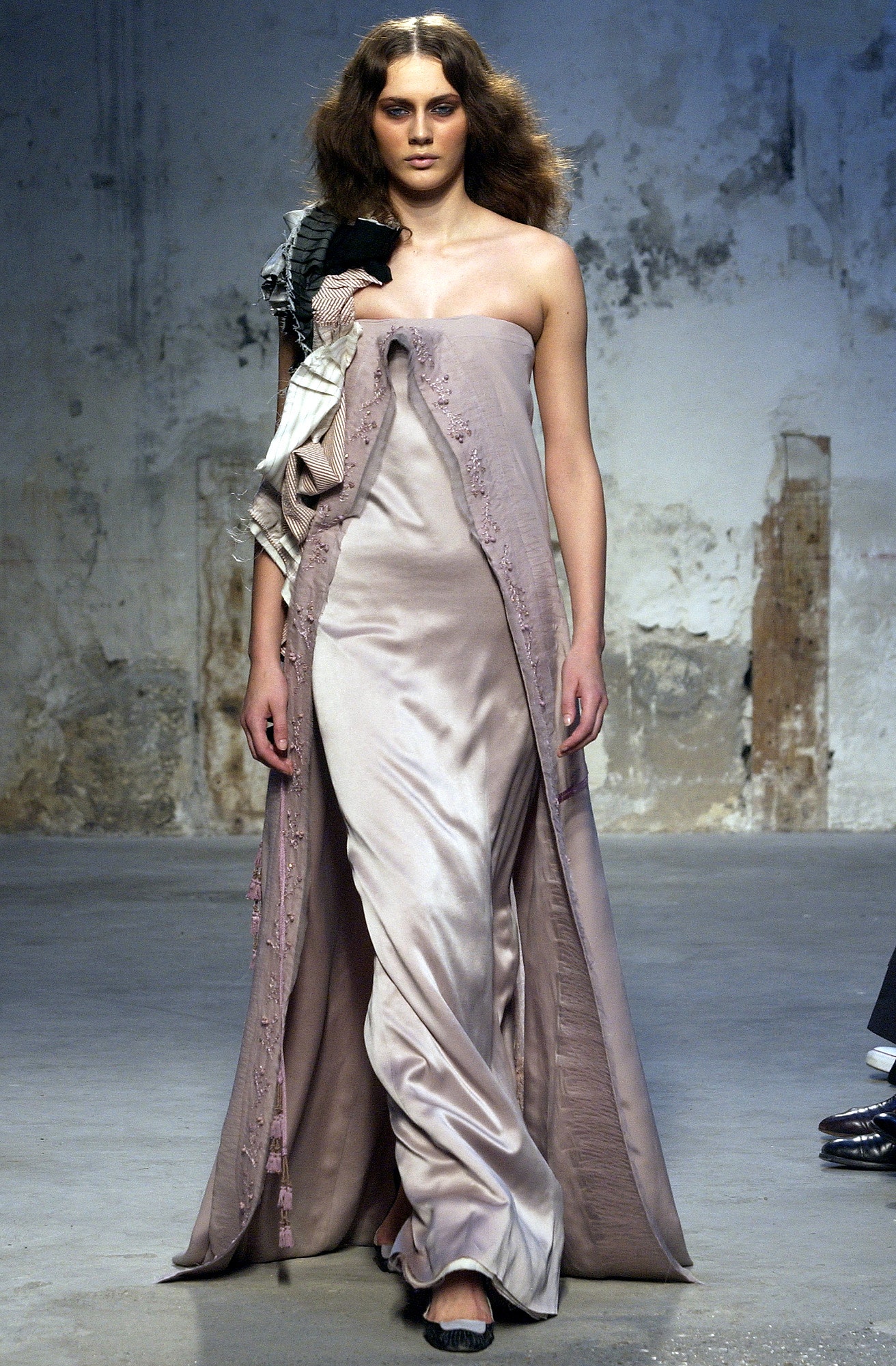 pink silk strapless gown with black cape