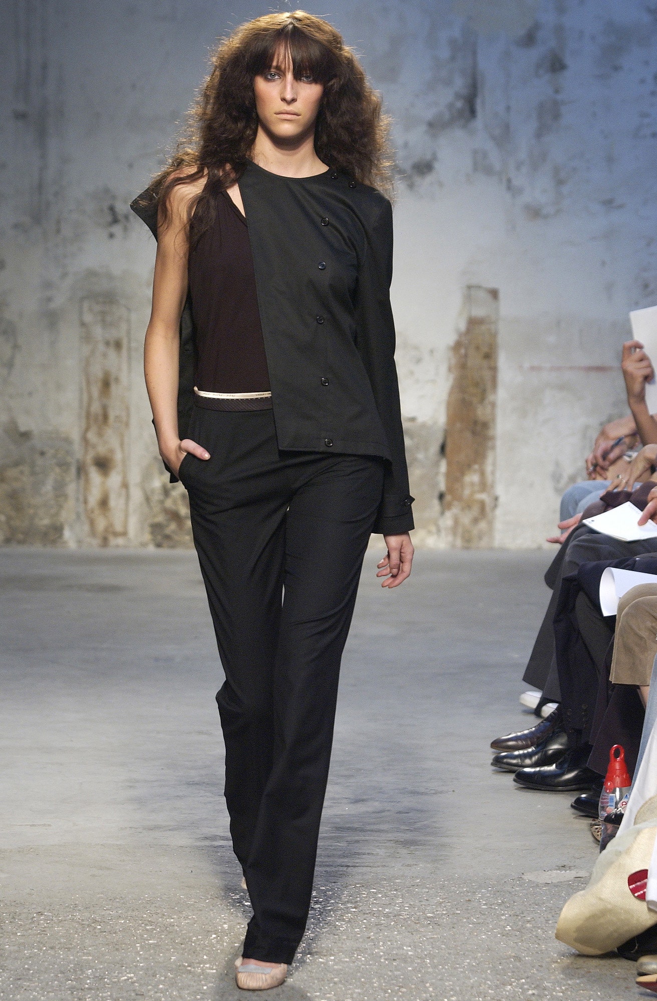 black blazer brown top fitted pants