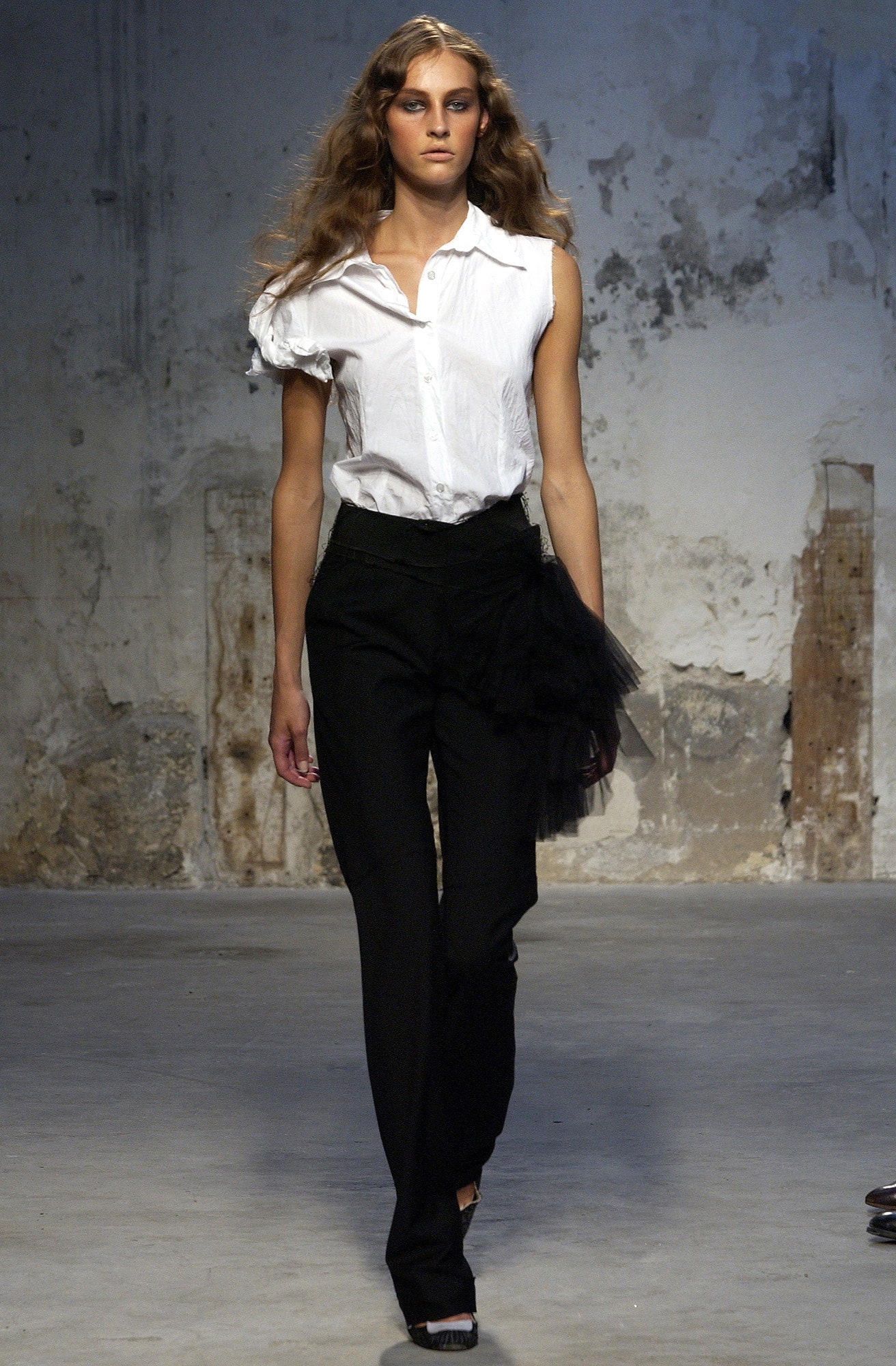white fitted shirt and black pants