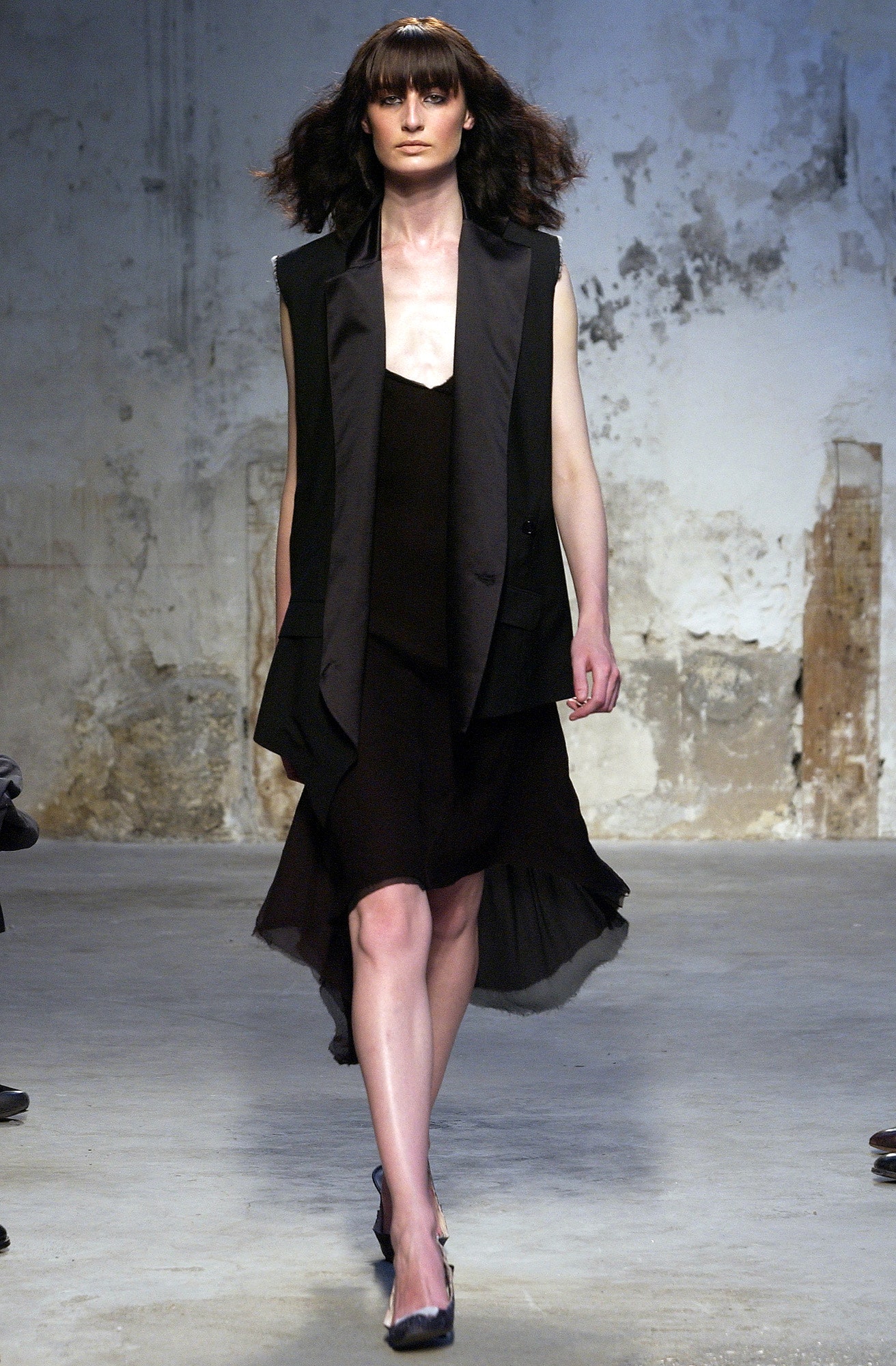 black silk asymmetric midi dress and tailored jacket