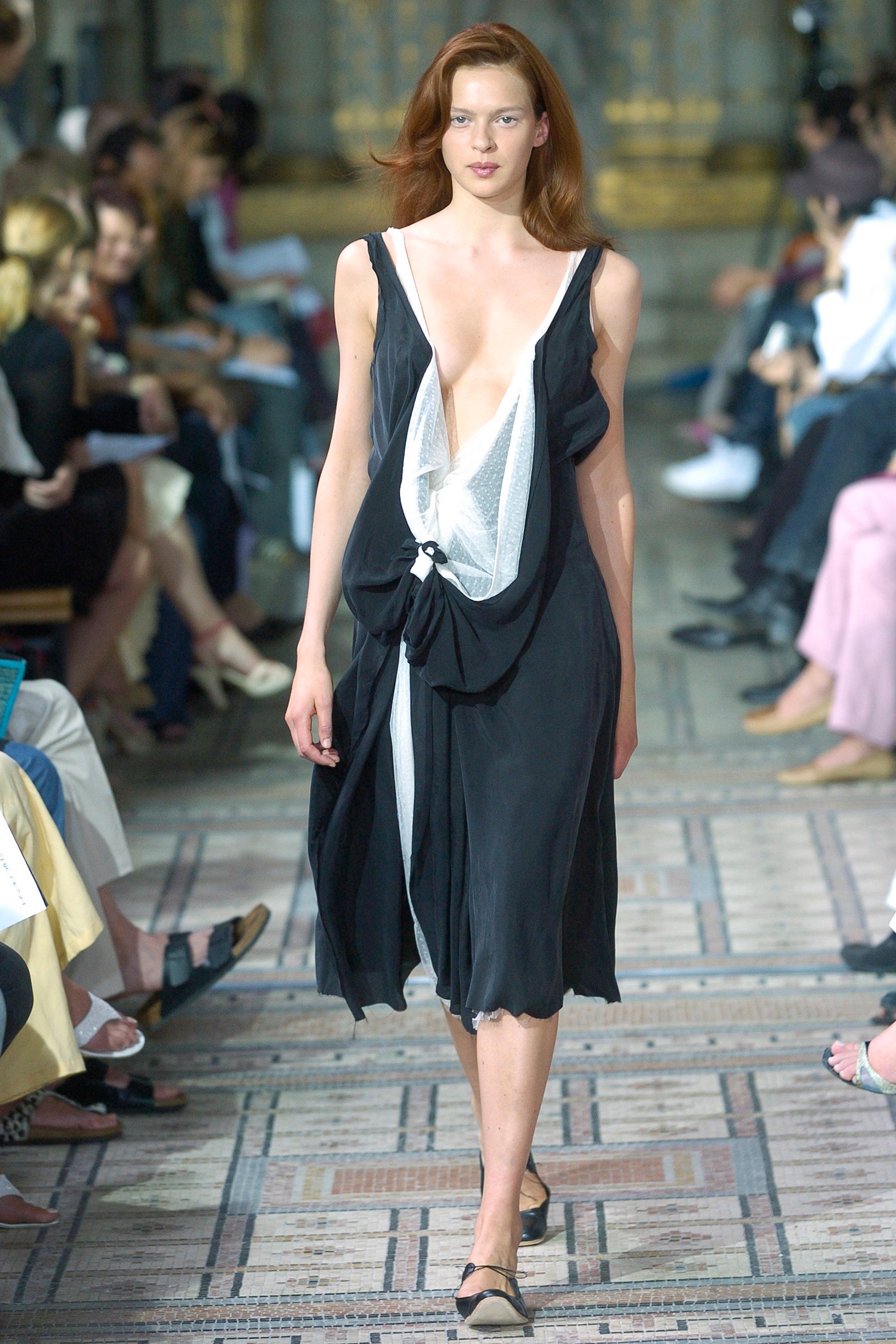 black and white draped midi dress
