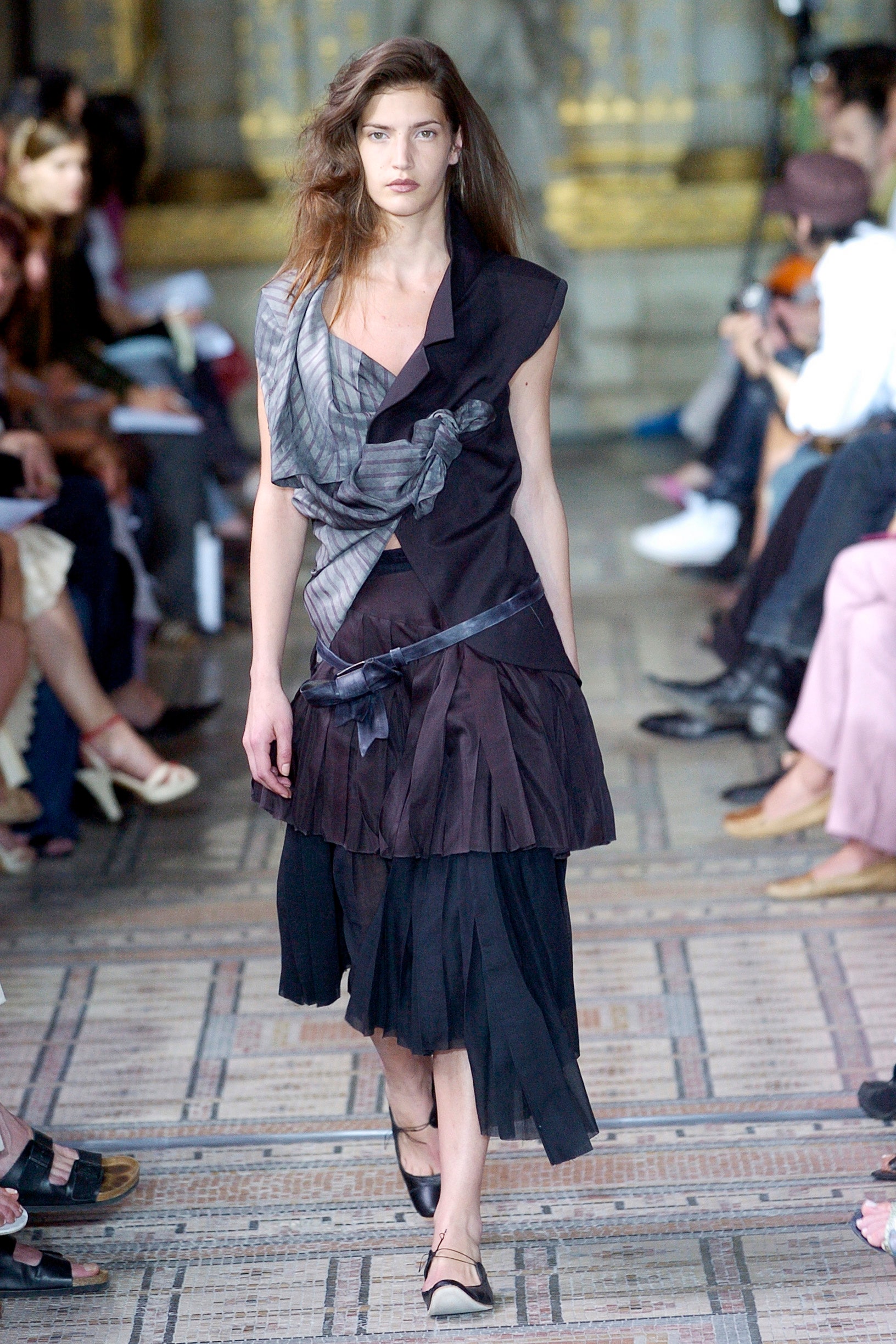 black and gray pleated midi dress