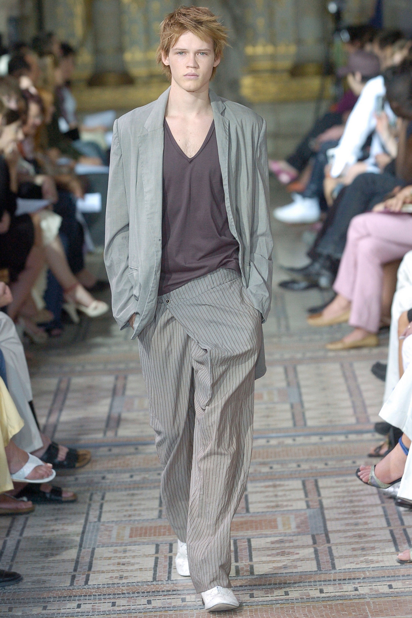 gray relaxed blazer with brown shirt