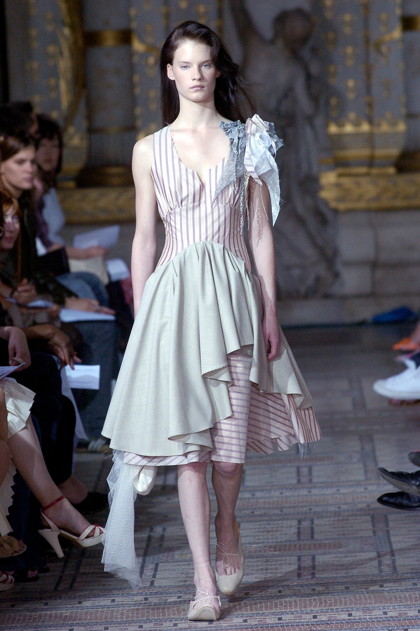 beige and white pleated midi dress