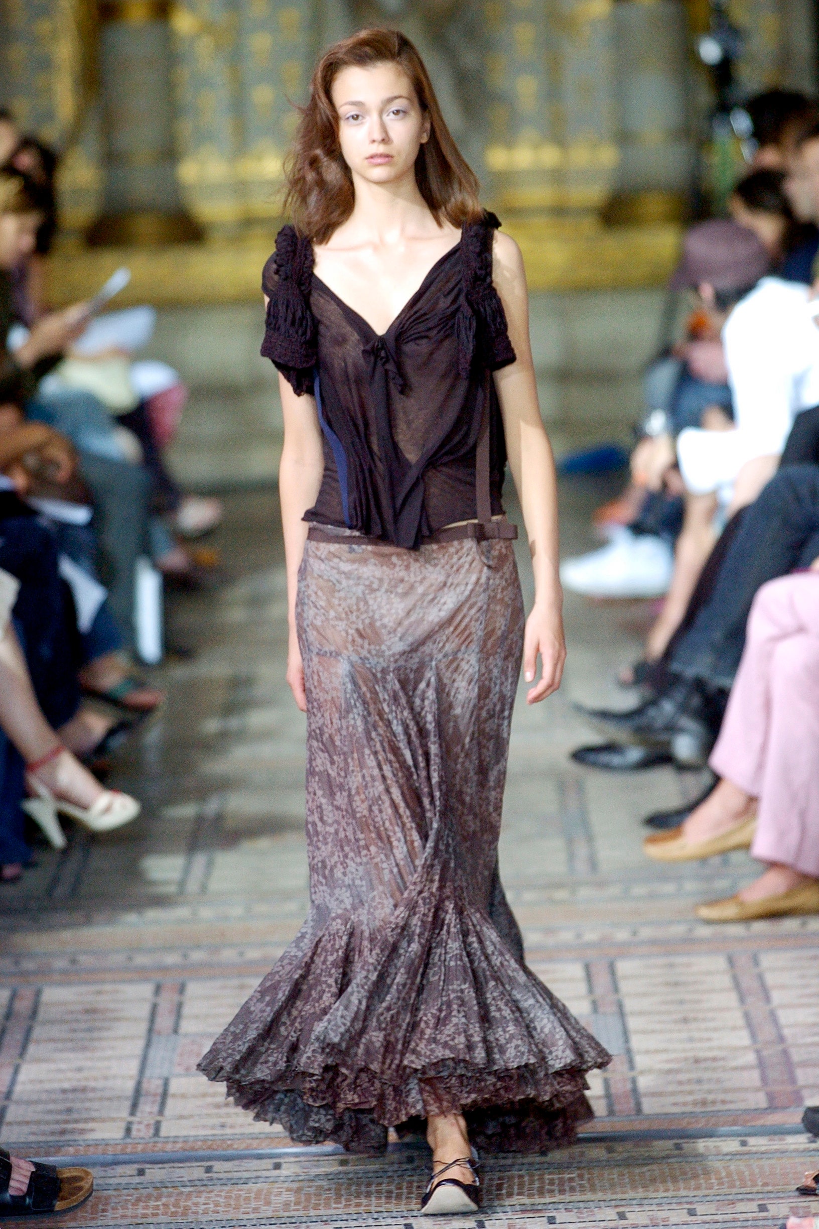 brown silk fitted flared flowing midi skirt