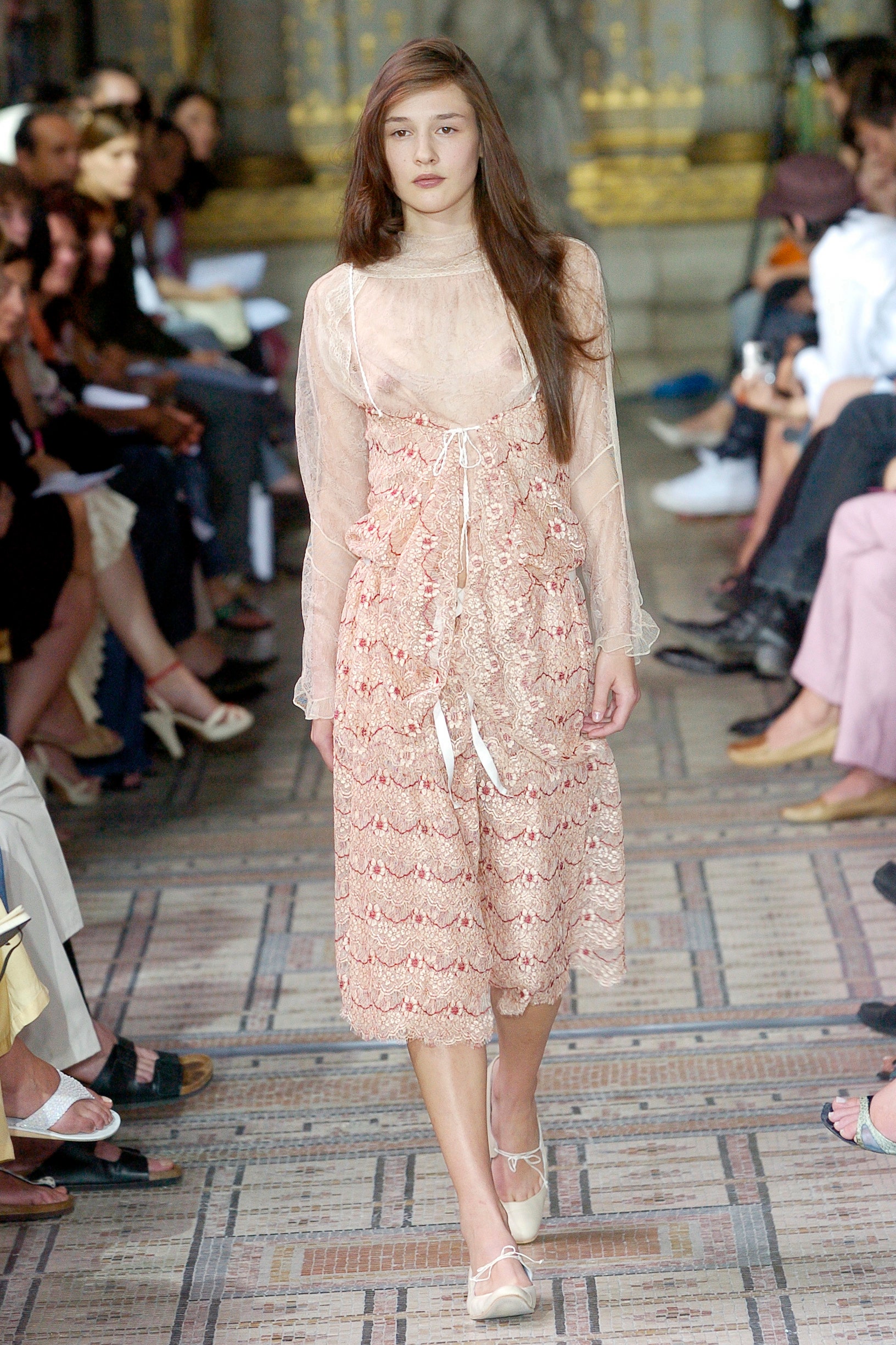 pink silk ruffled midi dress