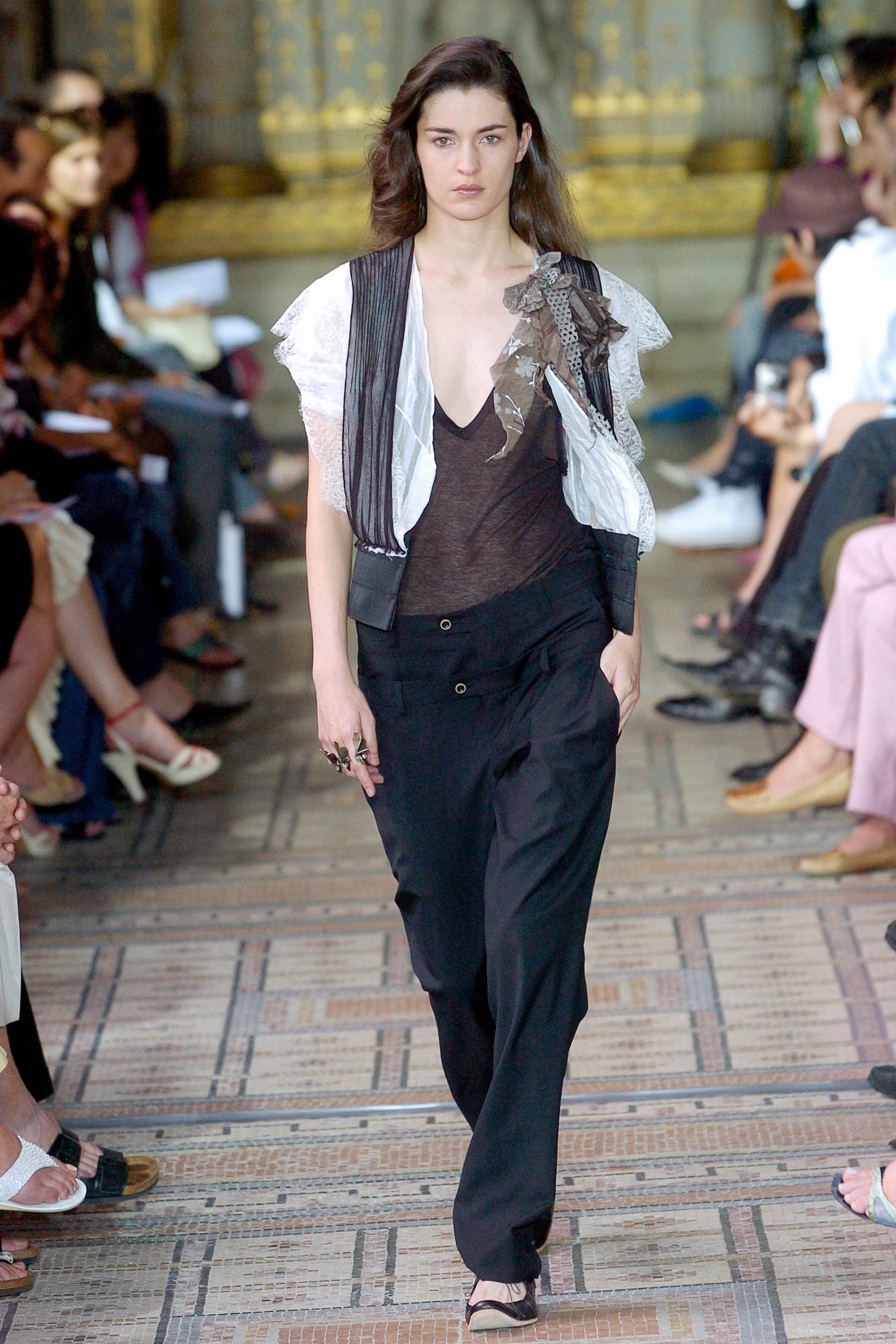 black and white layered top with relaxed pants