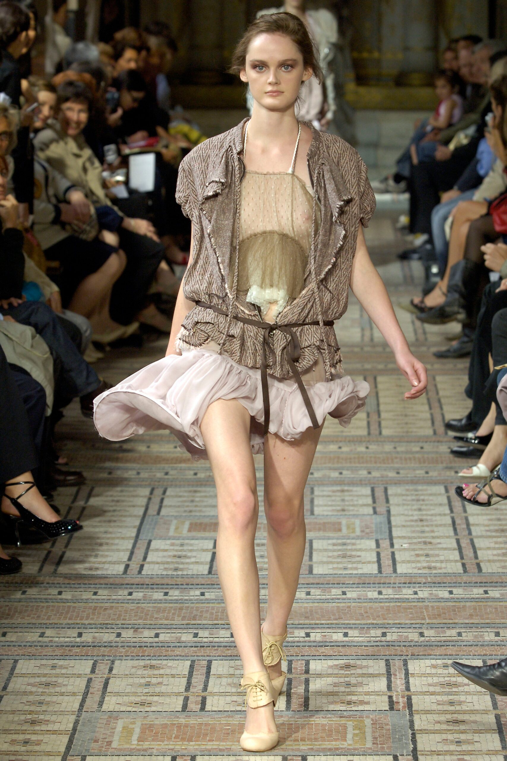 brown silk ruffled mini dress