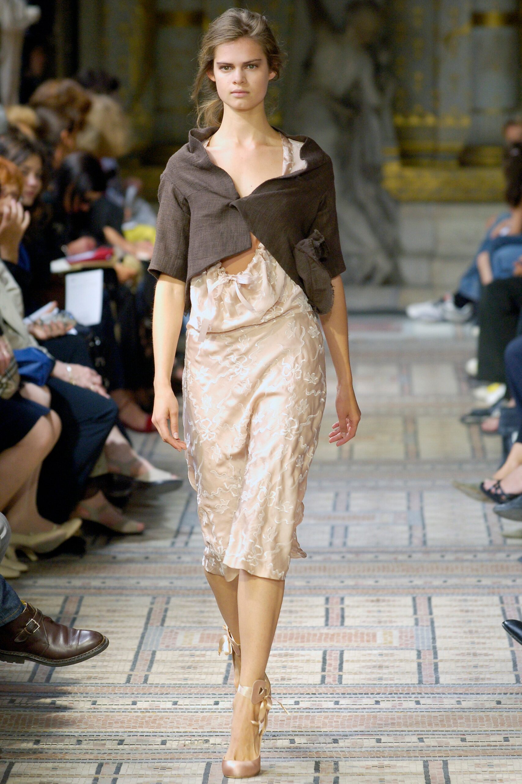 beige silk sleeveless v-neck fitted ruched midi dress