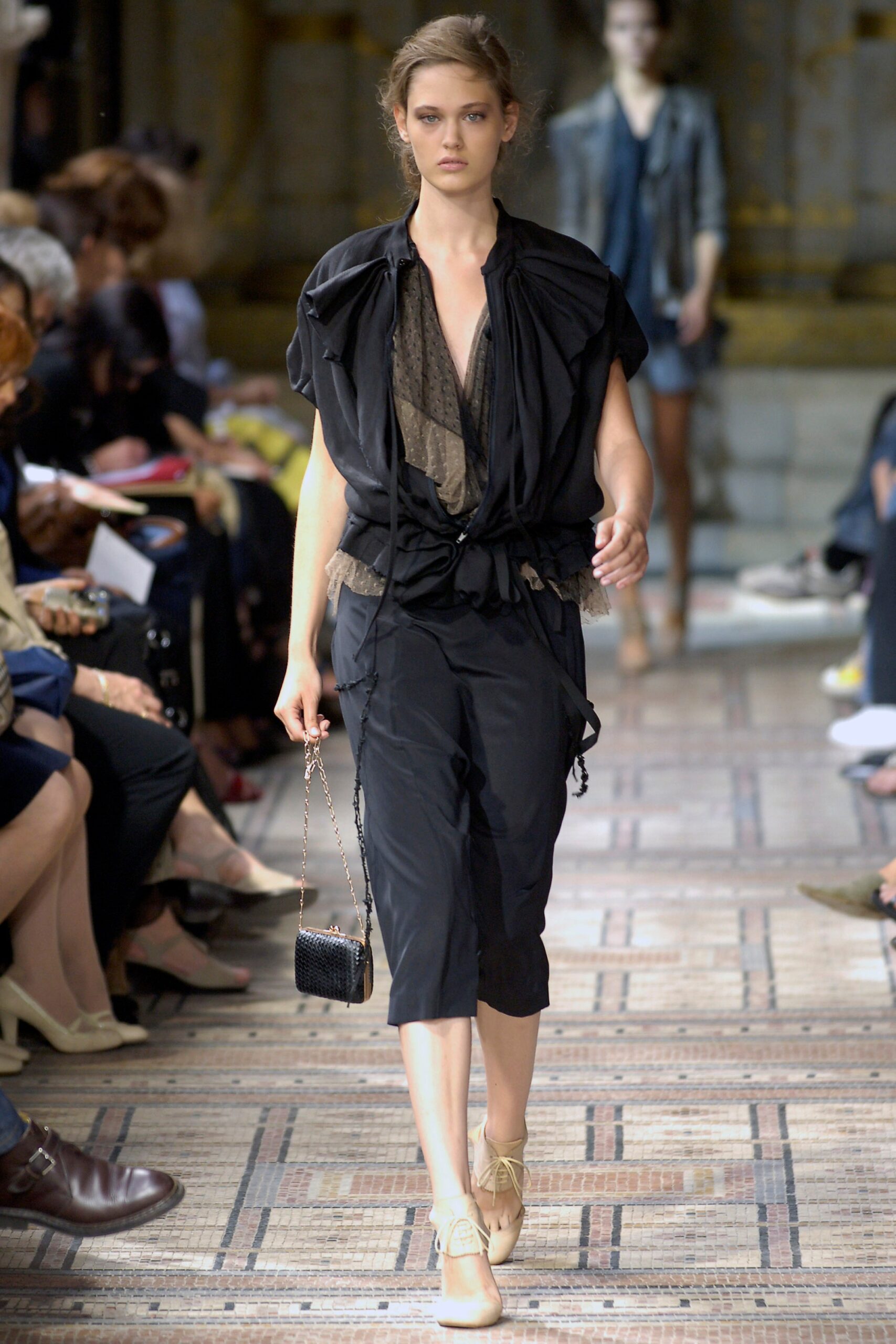 black silk short-sleeve v-neck relaxed draped top