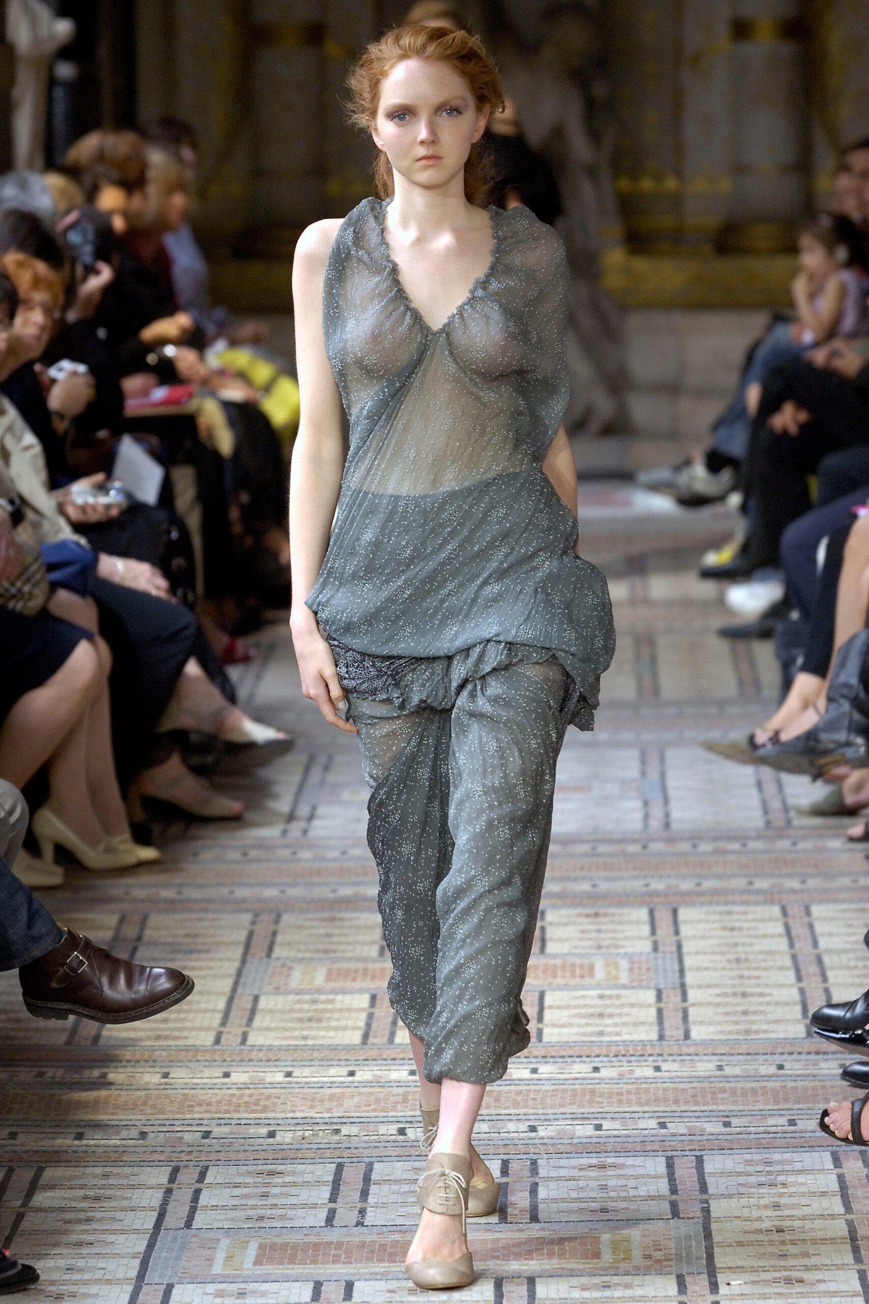 gray silk sleeveless v-neck relaxed draped sheer top