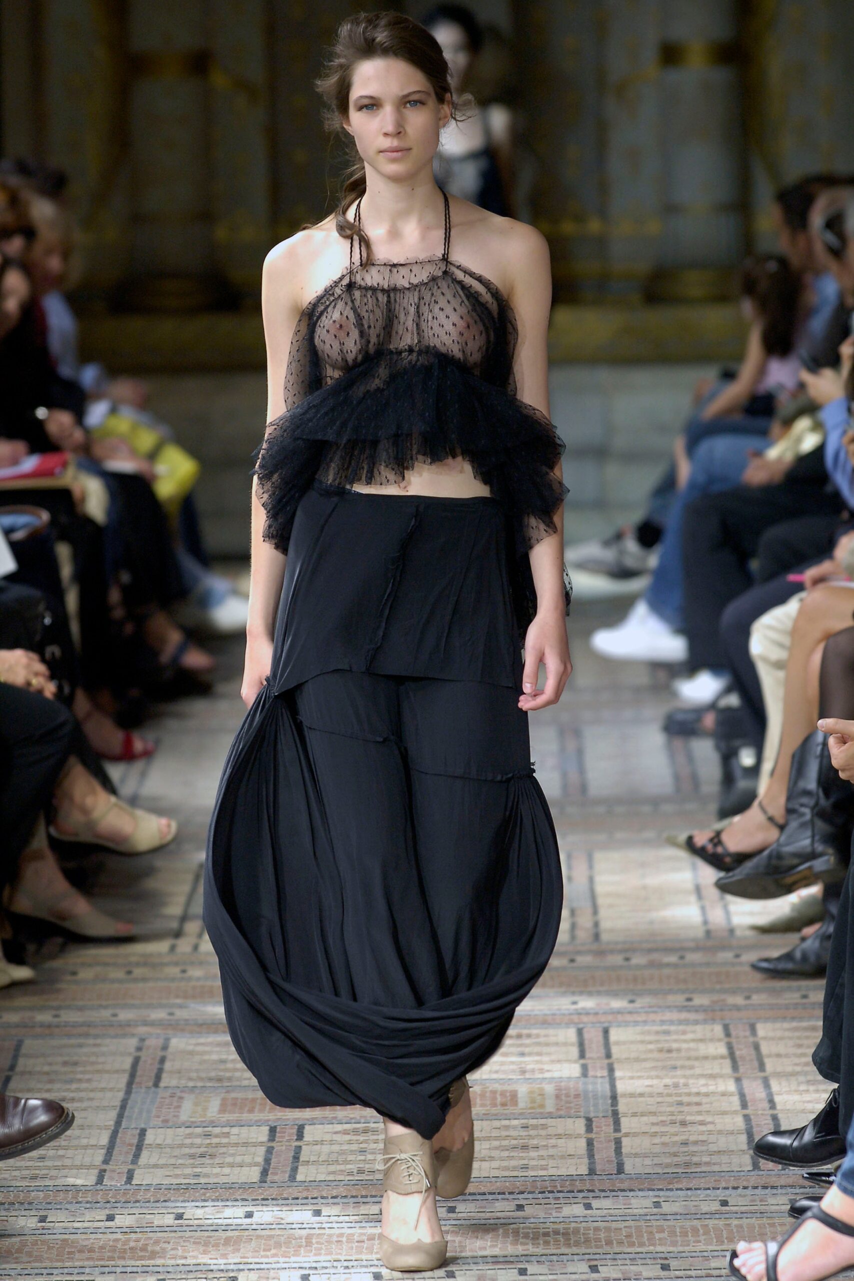 black lace sleeveless high-neck fitted ruffled sheer top