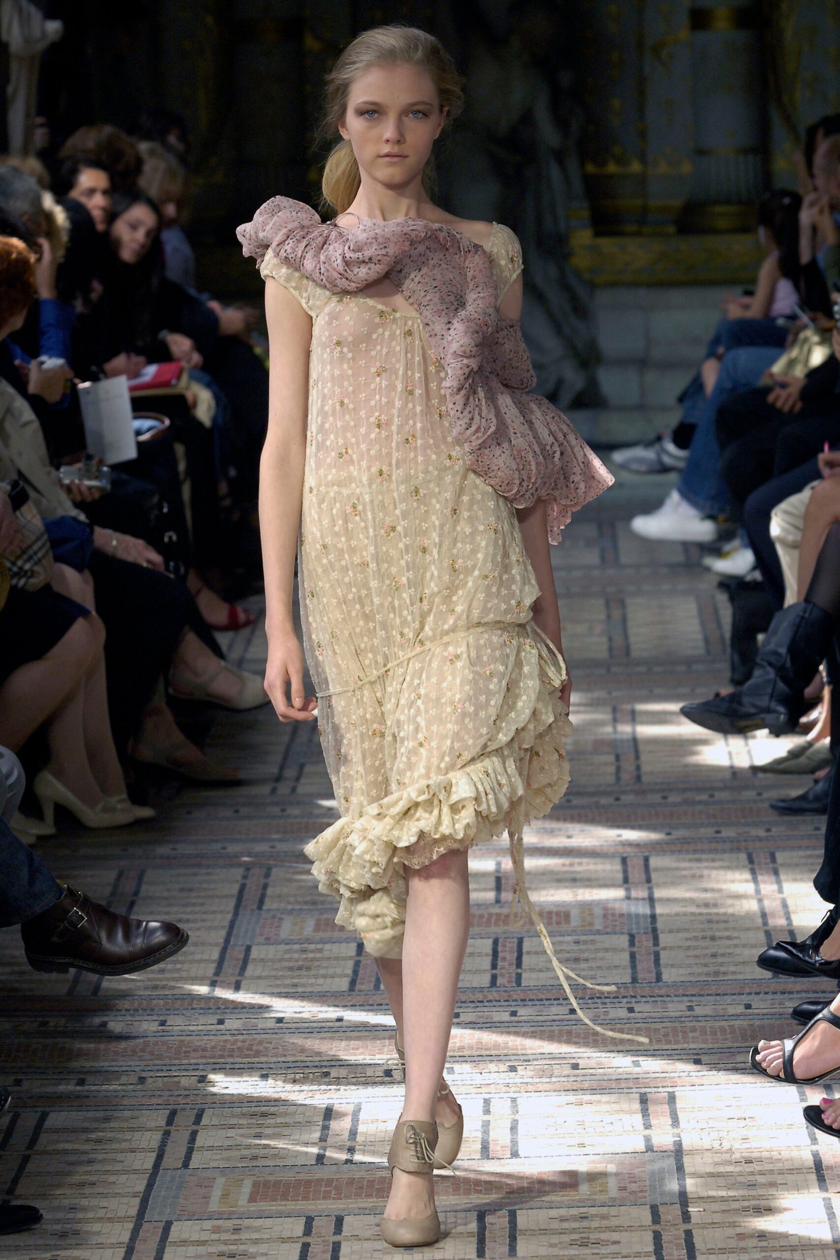 beige silk sleeveless v-neck relaxed ruffled draped dress