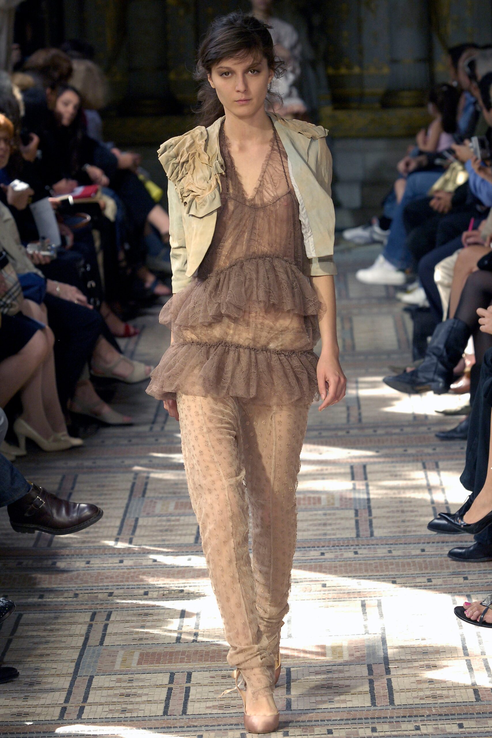 brown silk sleeveless v-neck fitted tiered flowing top