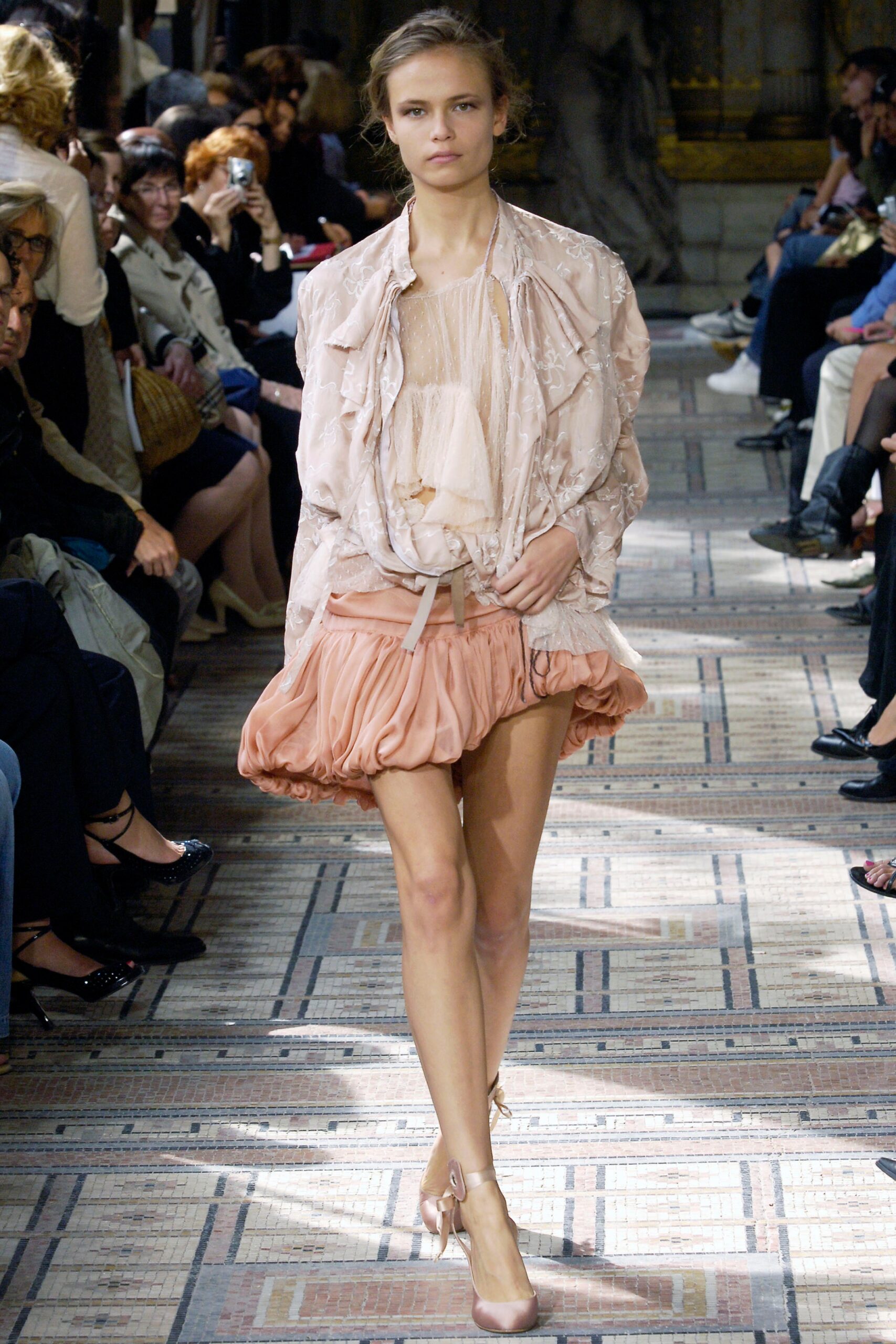 pink silk long-sleeve collared fitted ruffled jacket