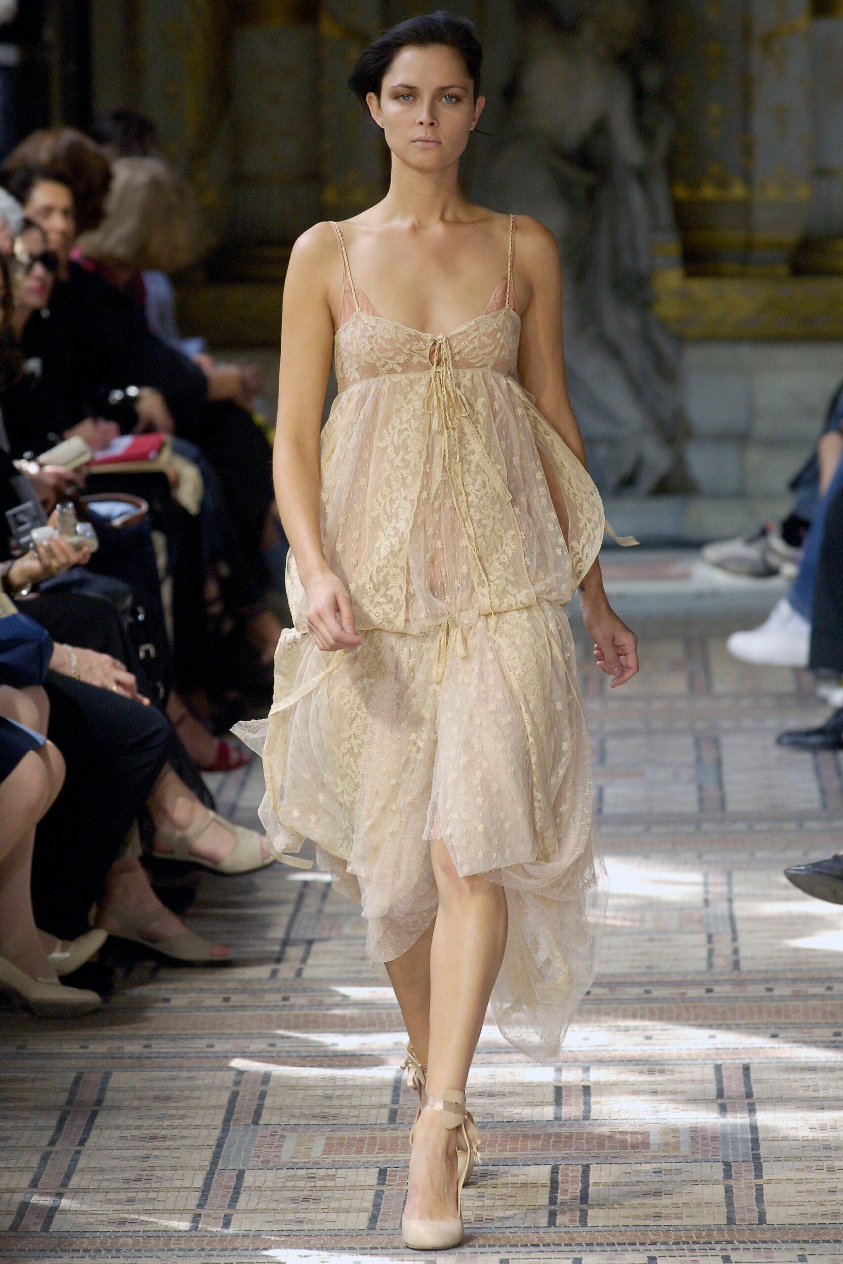 beige silk layered ruffled dress