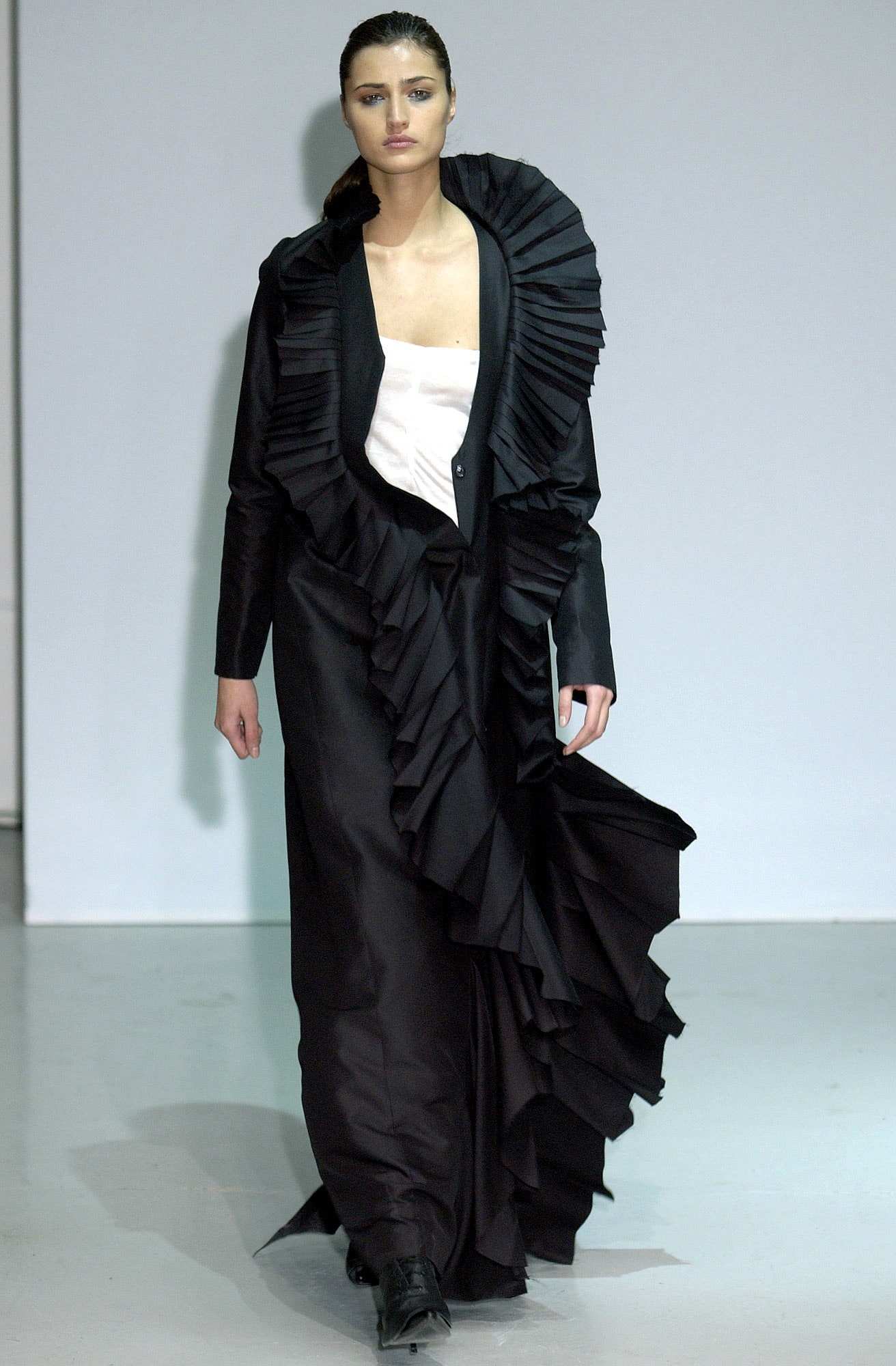 black silk ruffled gown