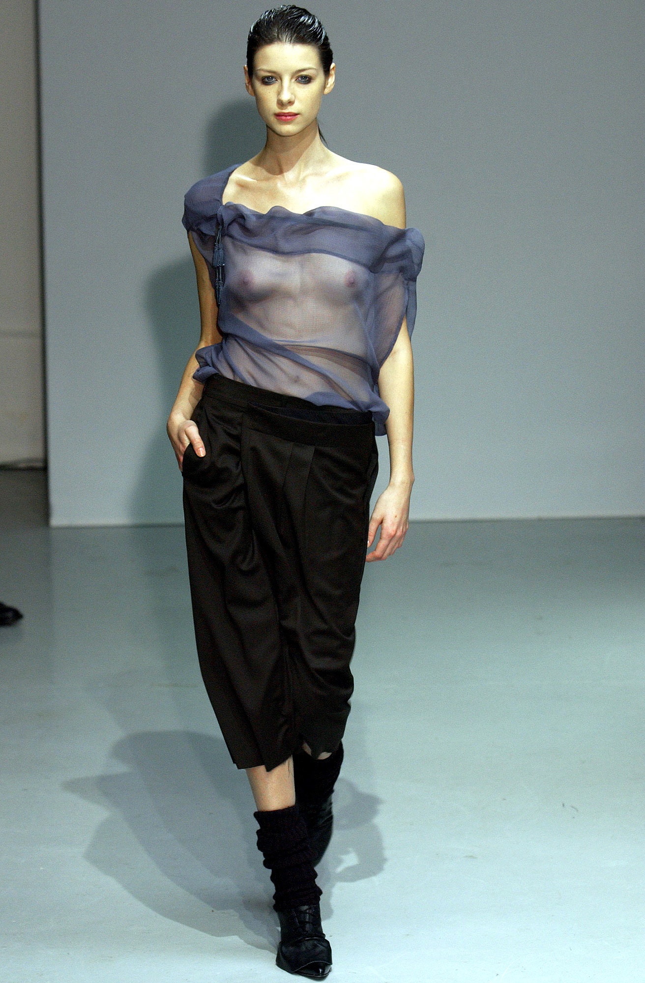 blue chiffon sleeveless off-shoulder relaxed draped sheer top
