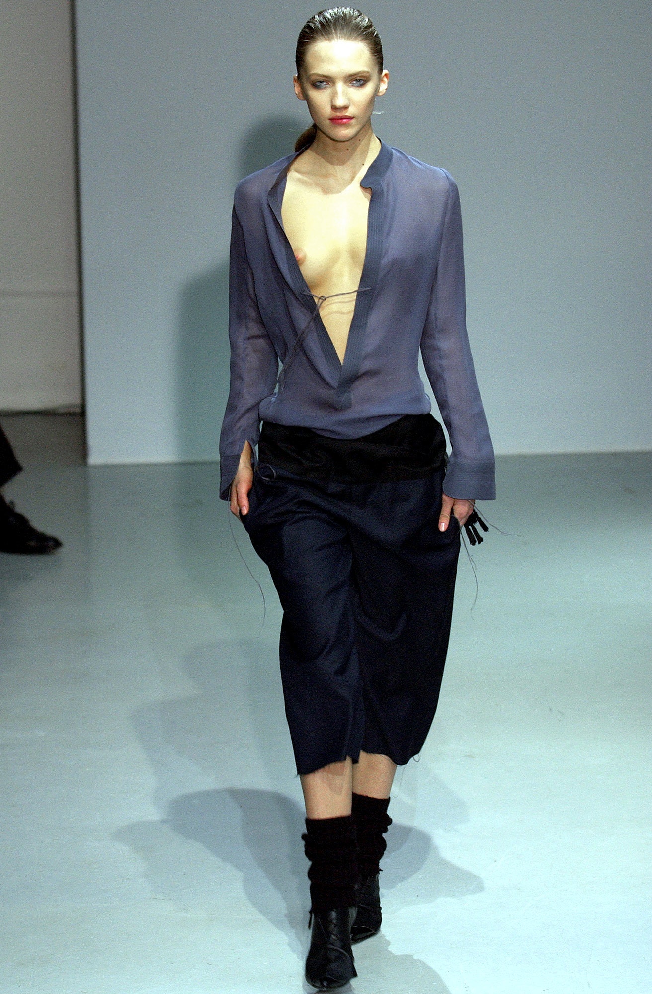 blue silk long-sleeve v-neck fitted sheer flowing top