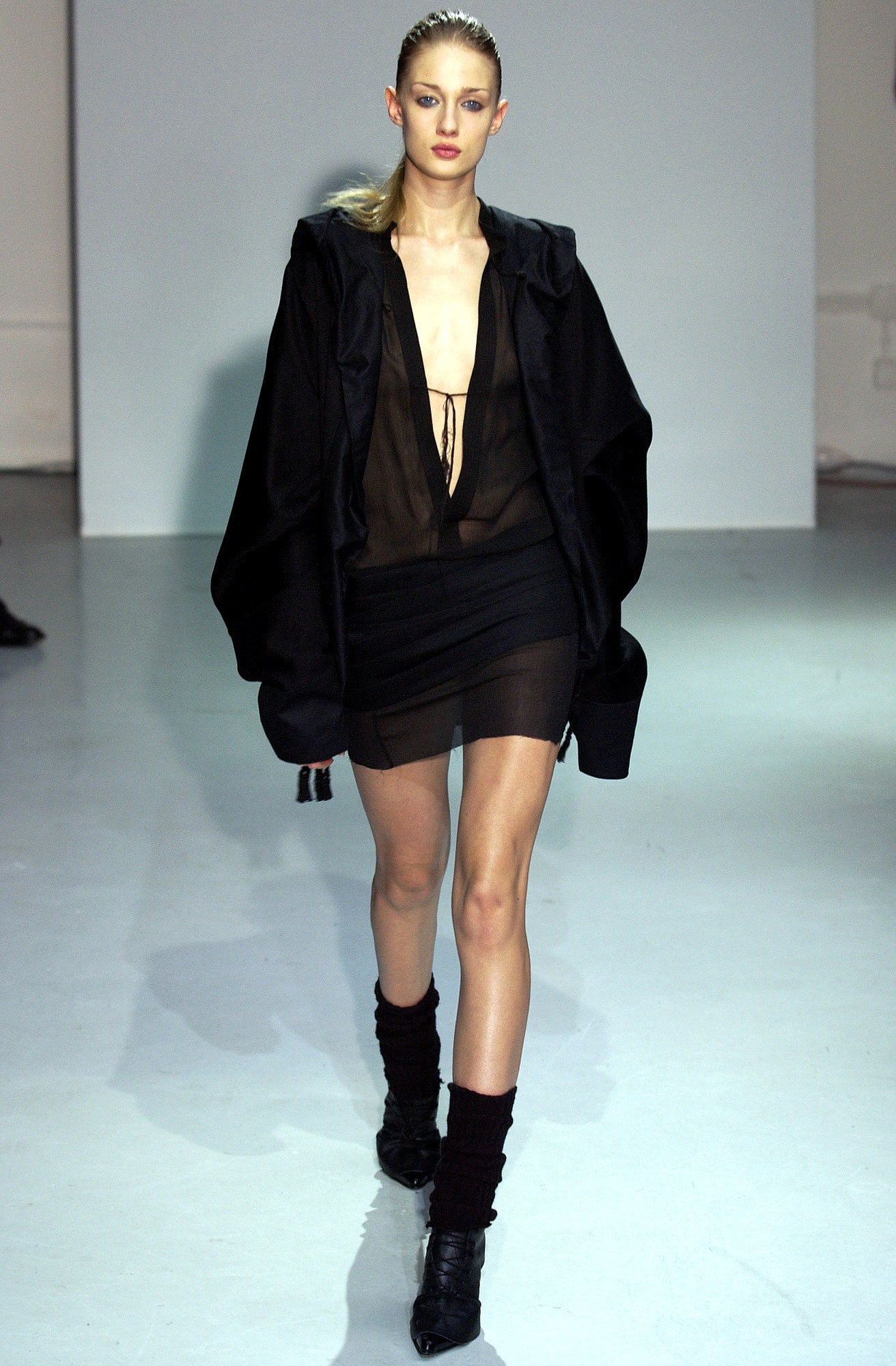 black sheer mini dress with oversized jacket