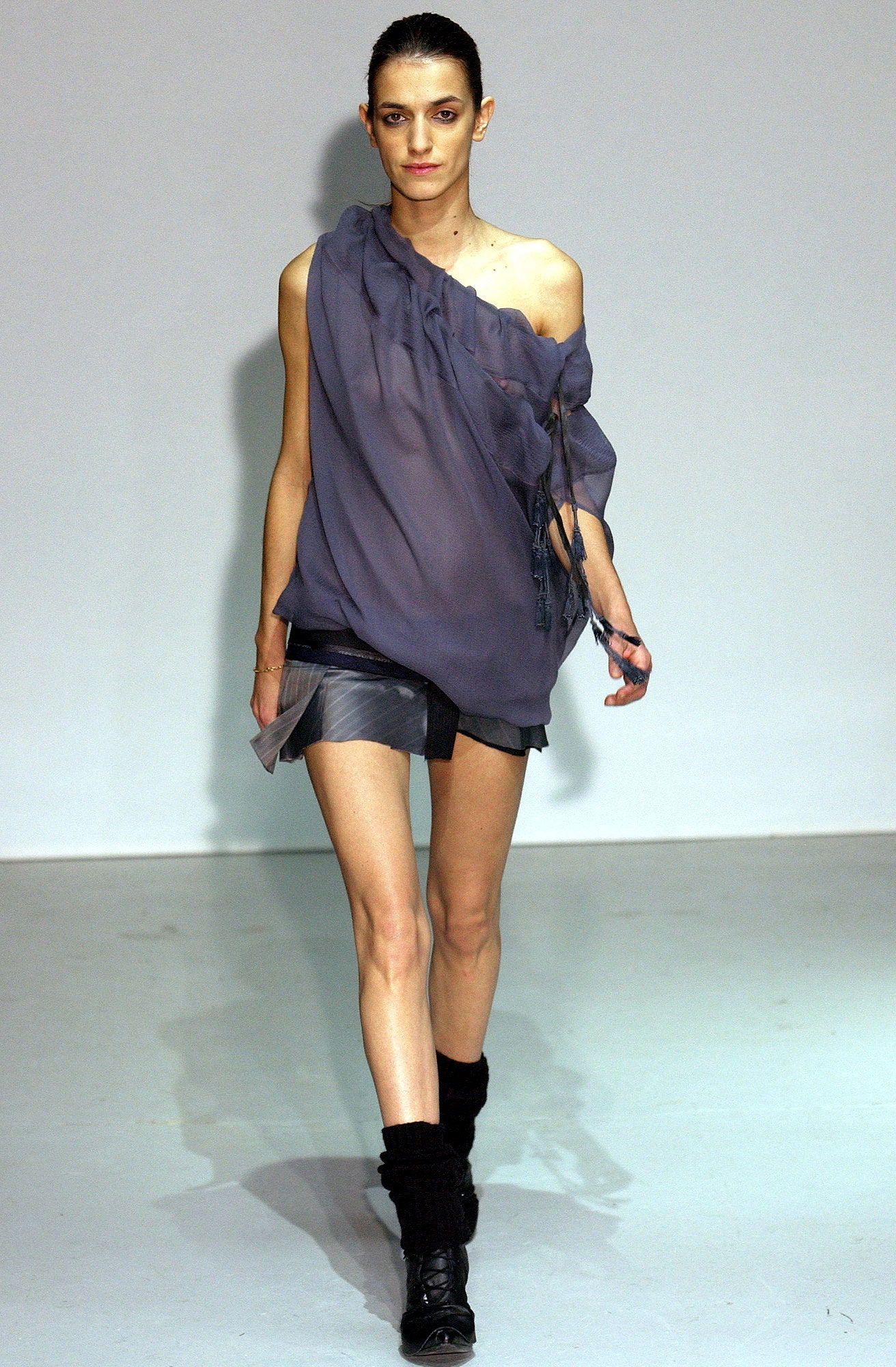 gray chiffon sleeveless off-shoulder relaxed draped flowing top