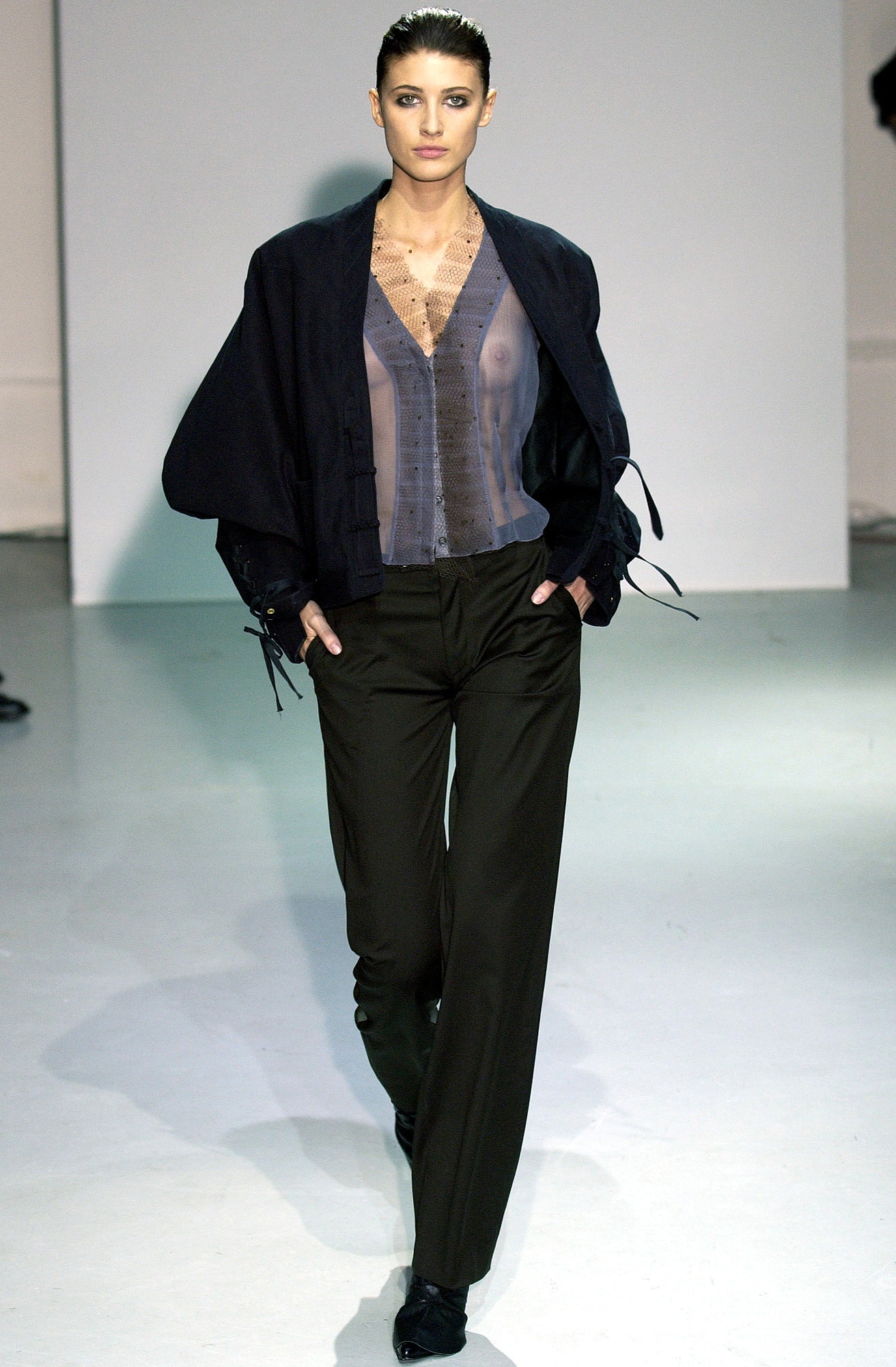 black silk long-sleeve v-neck fitted sheer flowing blouse