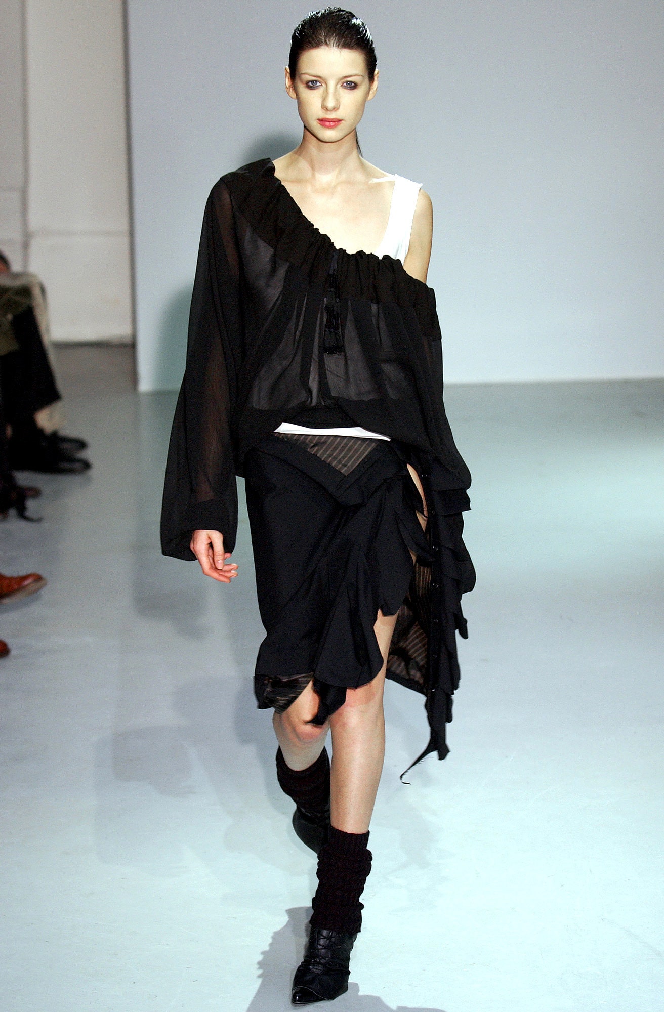 black silk long-sleeve off-shoulder relaxed ruffled sheer top