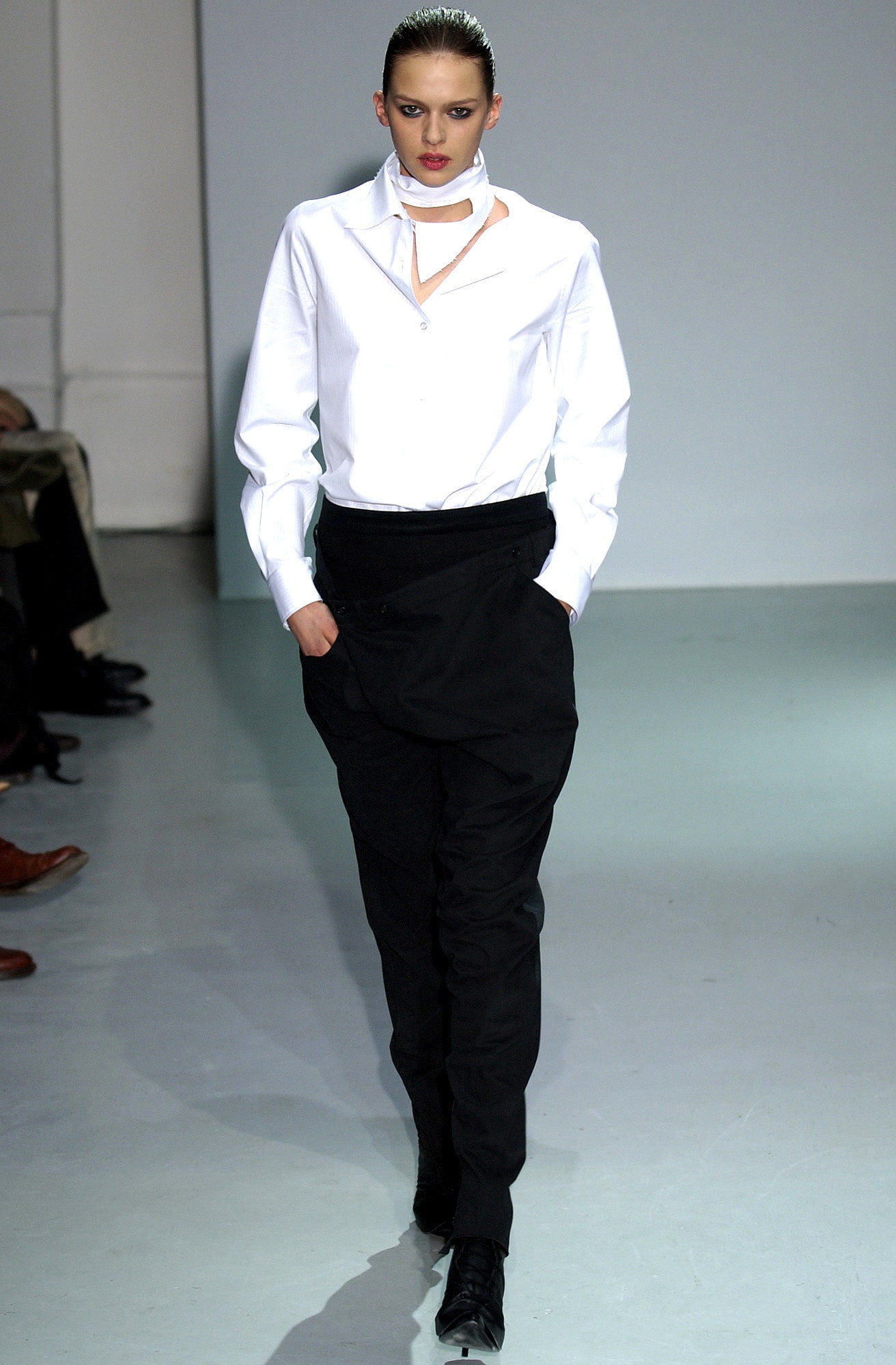 white fitted shirt and black relaxed pants